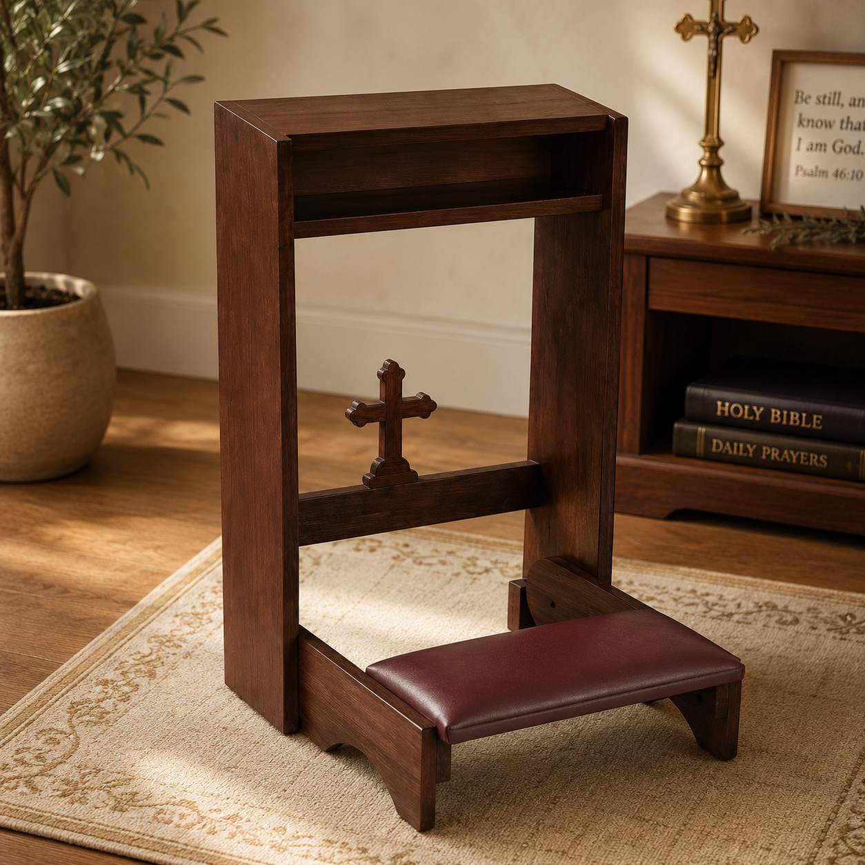 Hand Crafted Maple Hardwood Cross Folding Padded Kneeler w/ Walnut Stain Finish