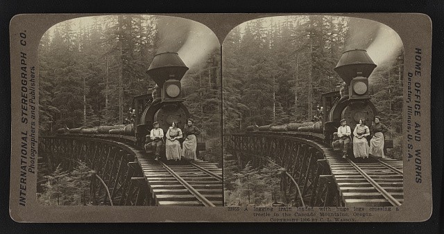 Photo:Cascade Mountains Oregon Logging Train Trestle Women Man c1906