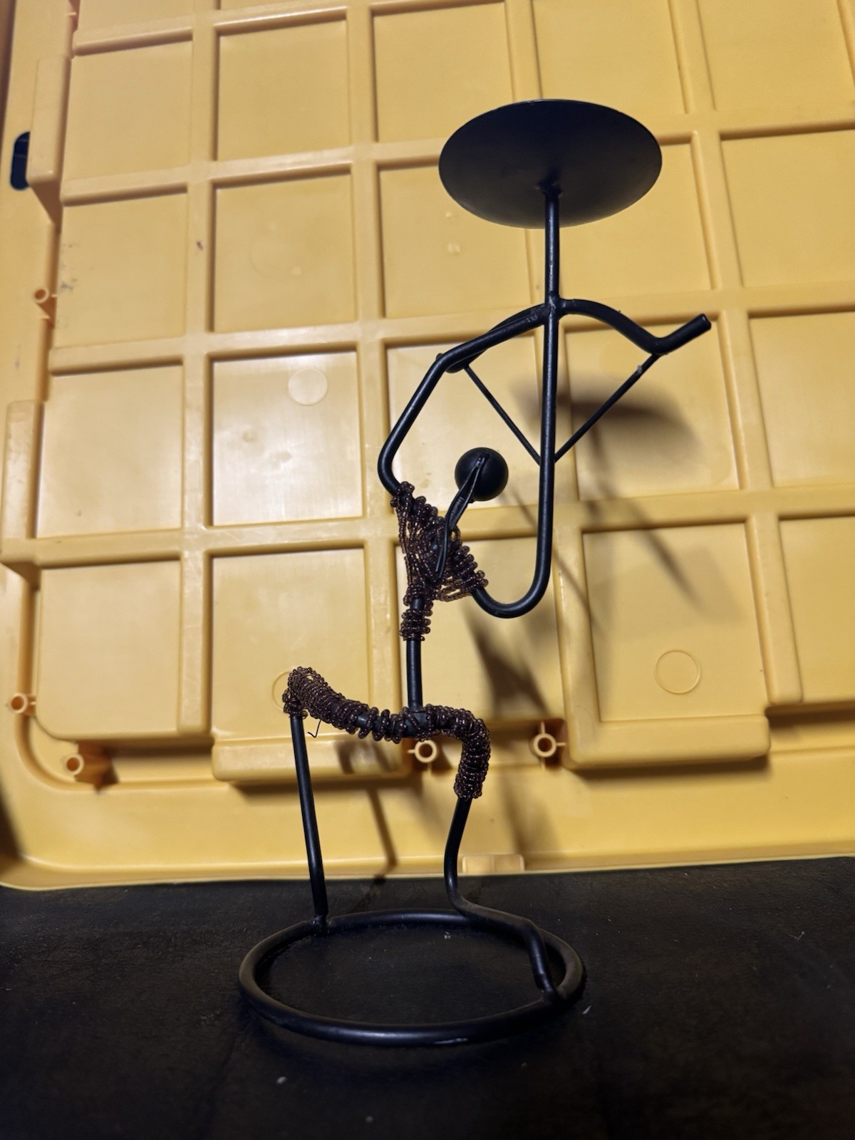 Vintage Danish Style Black Iron & Beaded Candle Holder Figure Bow & Arrow