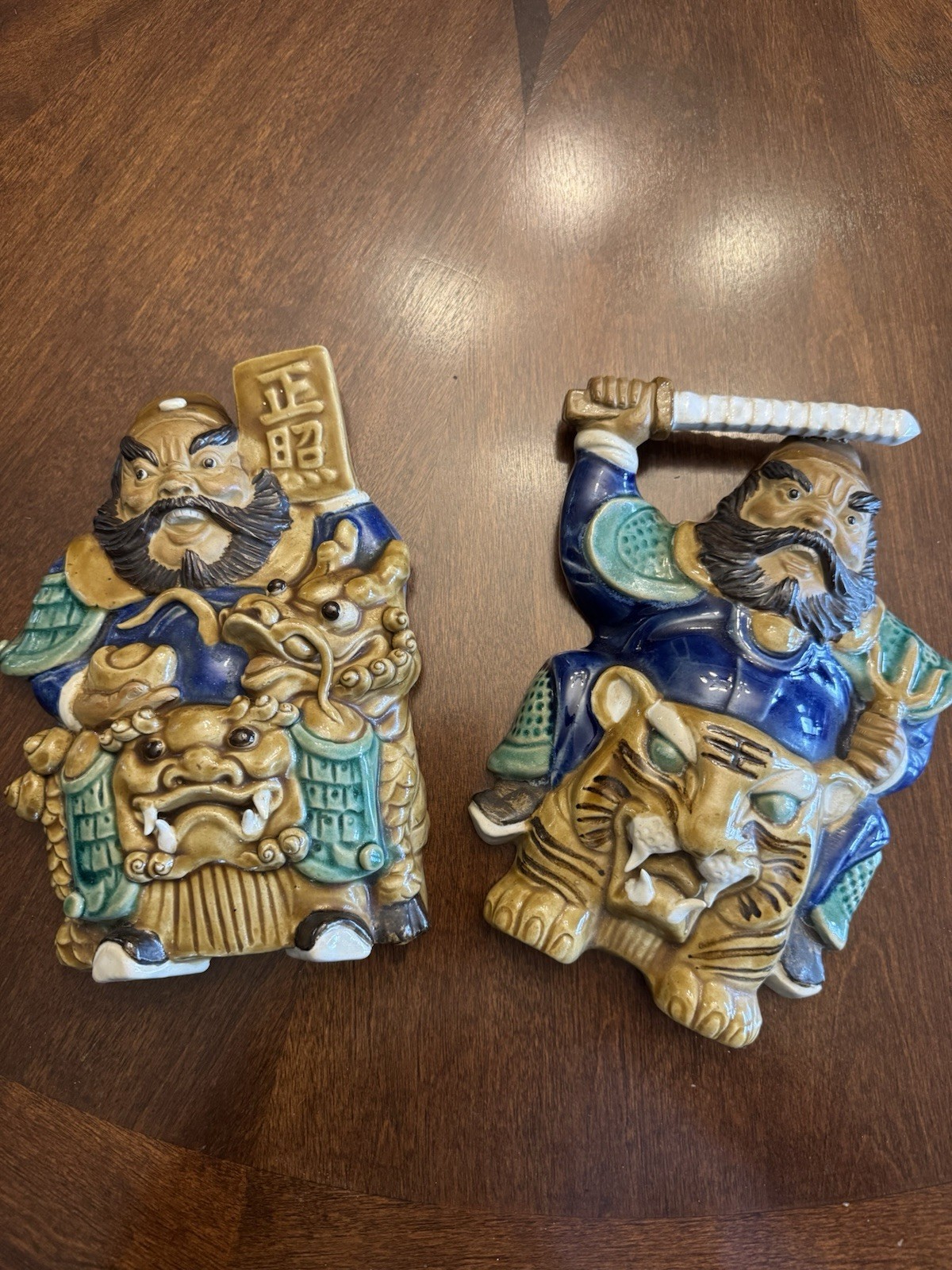 Rare Vtg China Wucai Porcelain Feng Shui General Door-God Wall Plaques Pair Exc