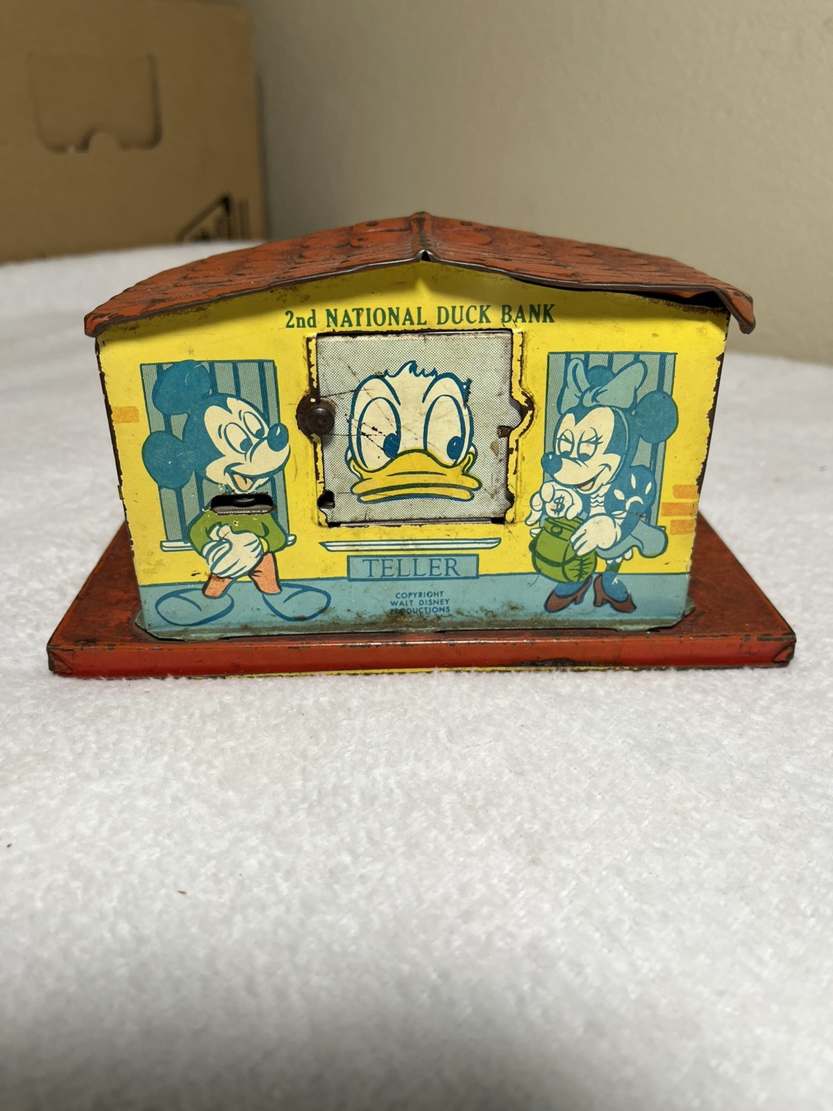 Vintage 1950's J.Chein Walt Disney 2nd National Duck Bank Mechanical Tin Mickey