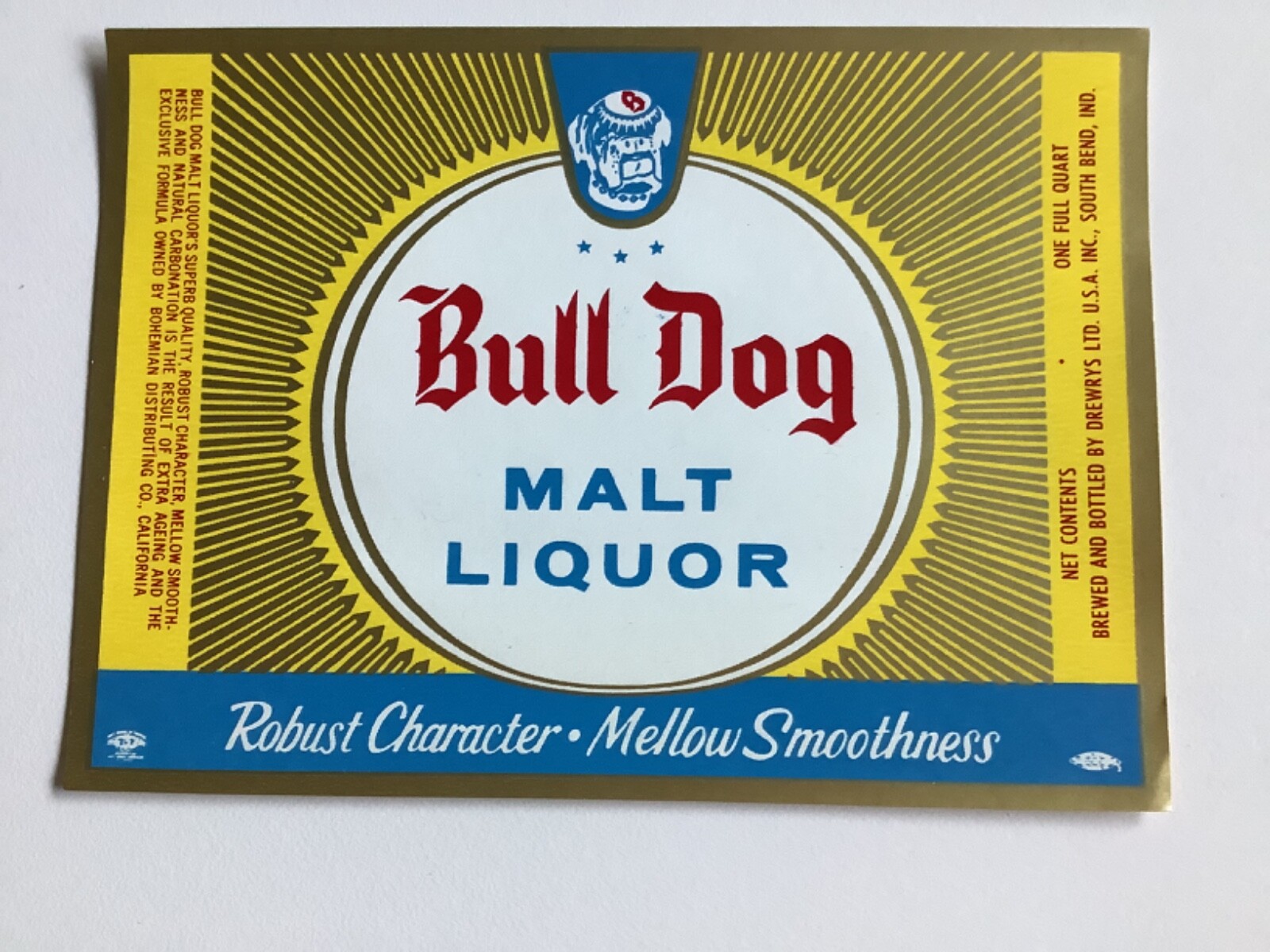 BULL DOG BEER LABEL, DREWRYS BREWING CO SOUTH BEND INDIANA VINTAGE 1970s BULLDOG