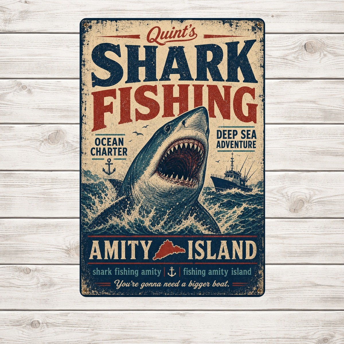 Shark Fishing Amity Island Coastal Marine Retro Metal Sign Plaque