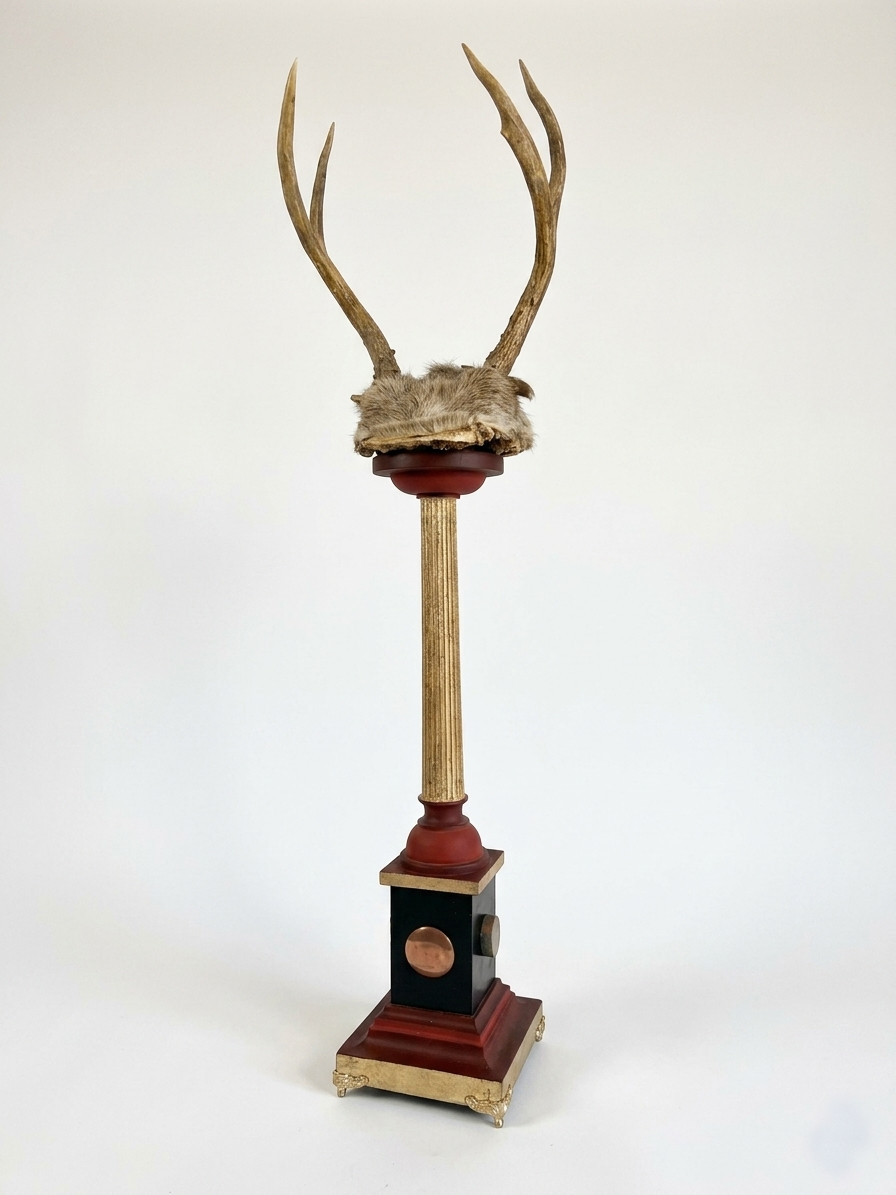 Baroque Curiosity Cabinet Vintage Trophy Antlers W Gilded Column & Specimen Gems