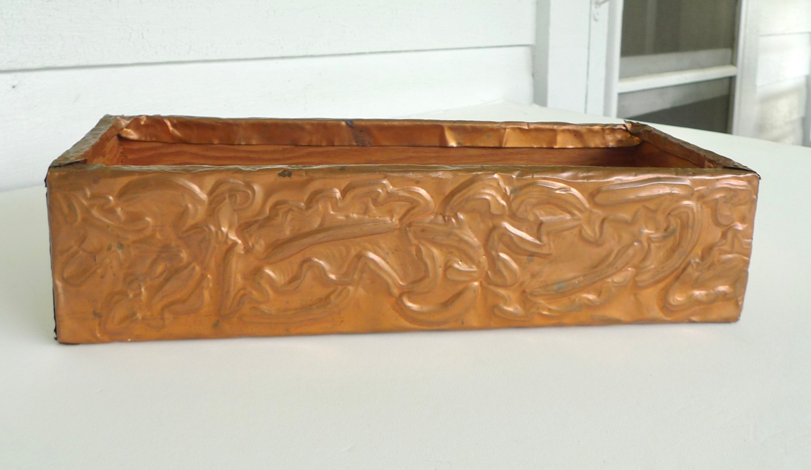 Vintage  Arts & Crafts copper clad wood box floral relief handmade hand tooled