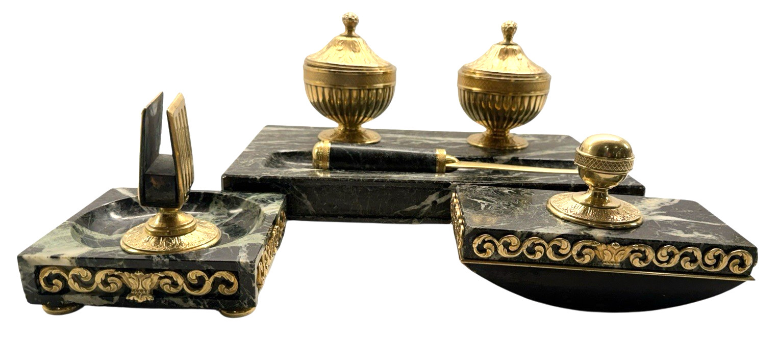 Antique French Napoleon III Gilt Bronze & Verde Antico Marble 4pc Desk Set 1890s