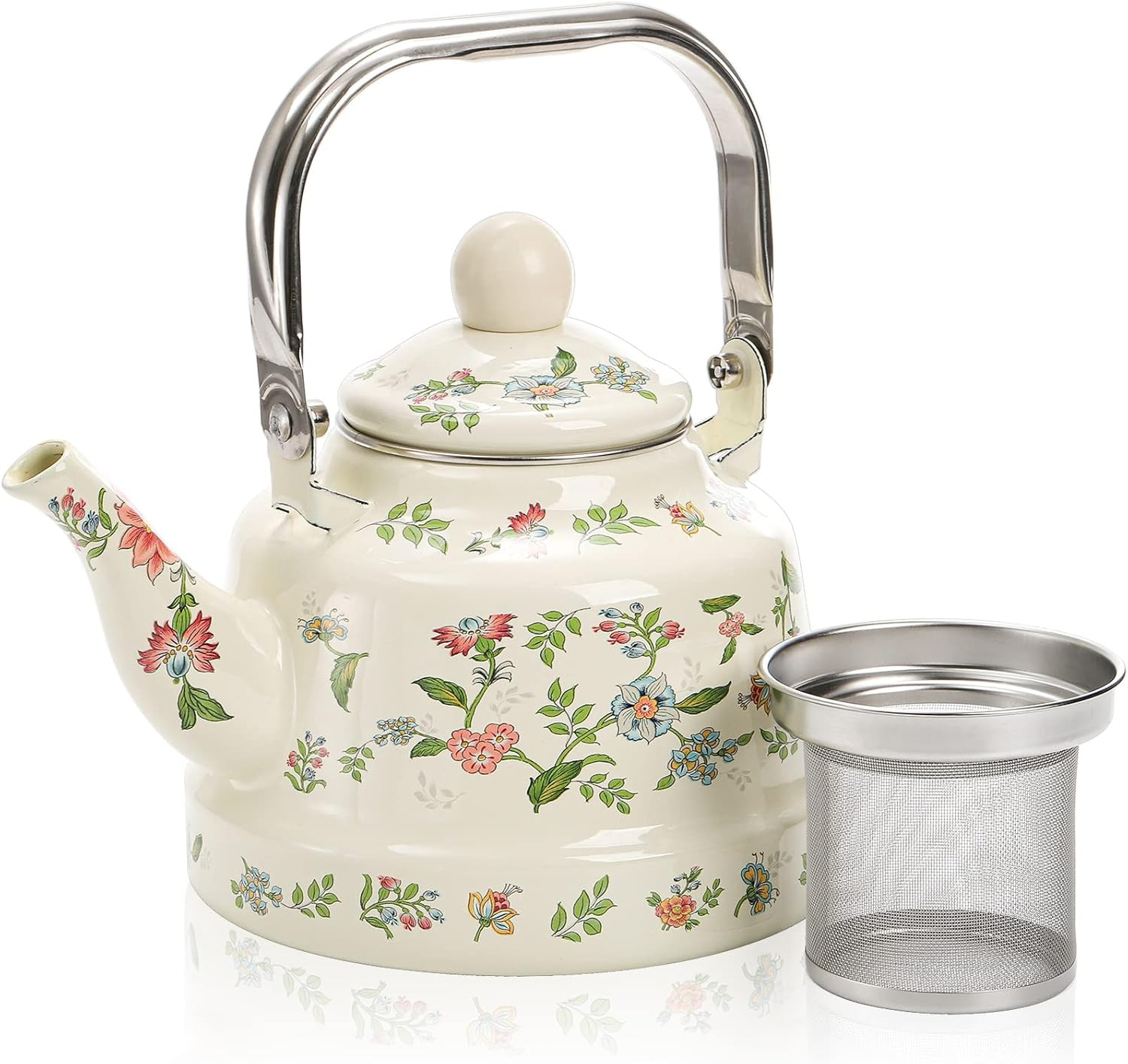 Jucoan 1.8 Quart Vintage Enamel Stovetop Tea Kettle, Retro Green Floral Enamel o