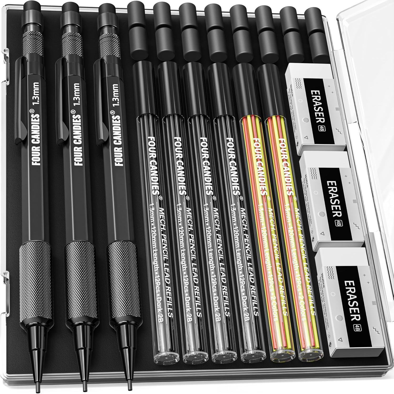 3PCS 1.3Mm Metal Mechanical Pencil Set with Case (Black)