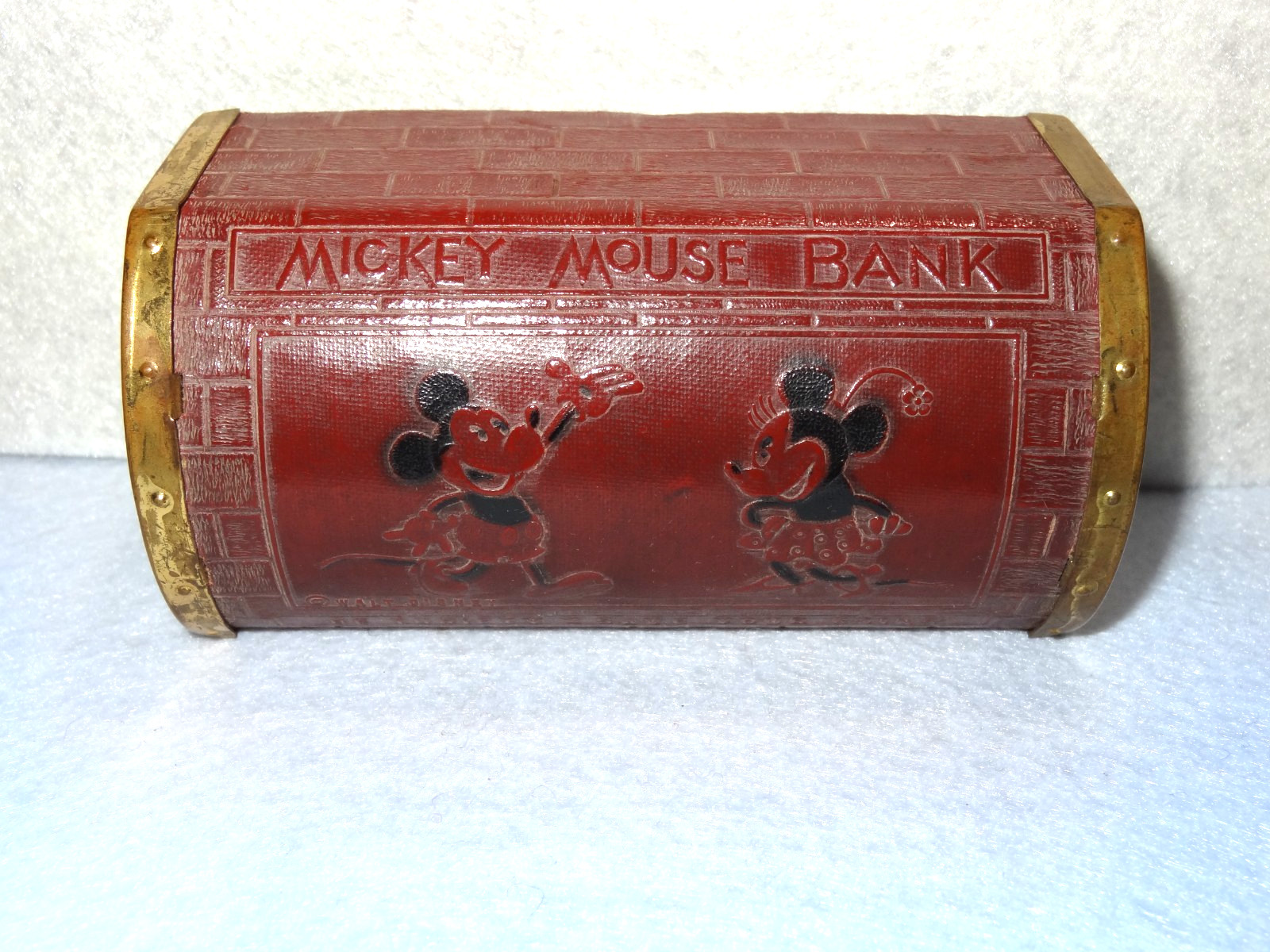 Vintage Disney 1930's Mickey & Minnie Red Leather Chest Bank by Zell No Key