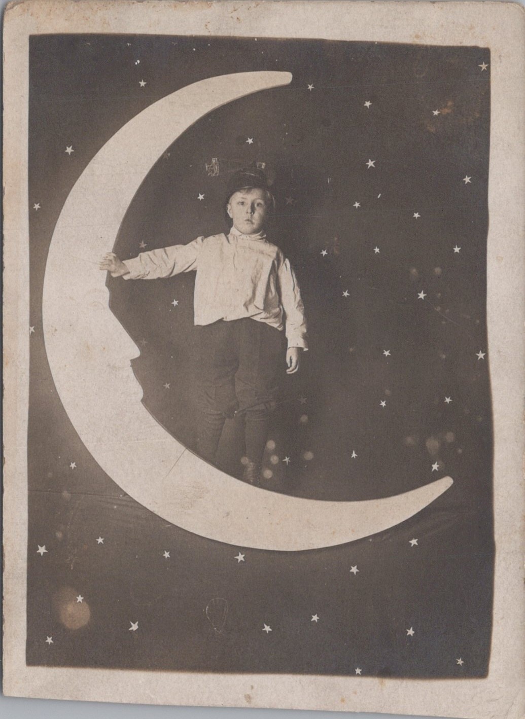 Boy Standing Crescent Paper Moon Studio Prop Portrait Stars RPPC 1910s Postcard