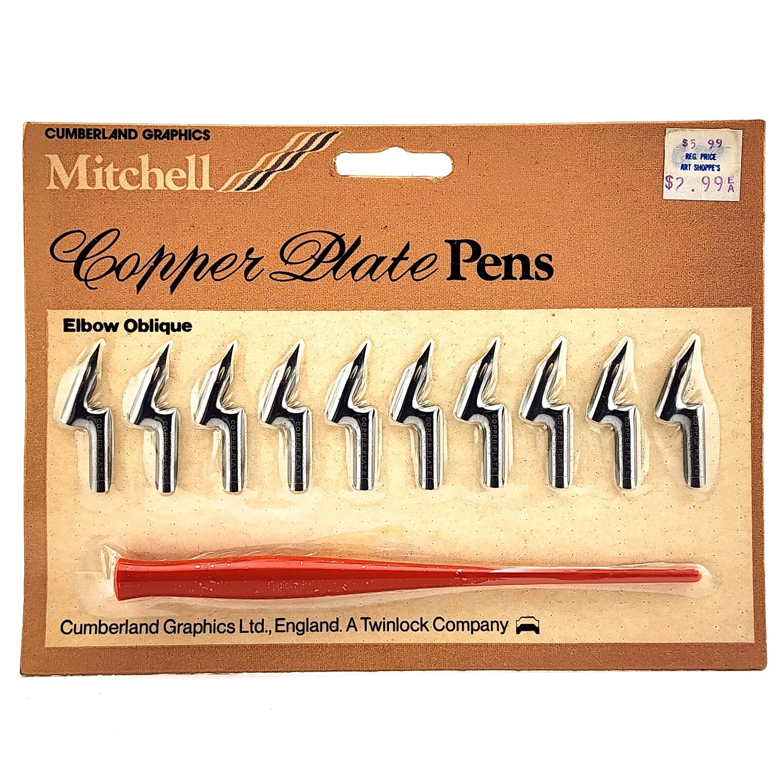 Vintage William Mitchell Copper Plate Pens 10 Elbow Oblique Nibs w/ Handle NEW