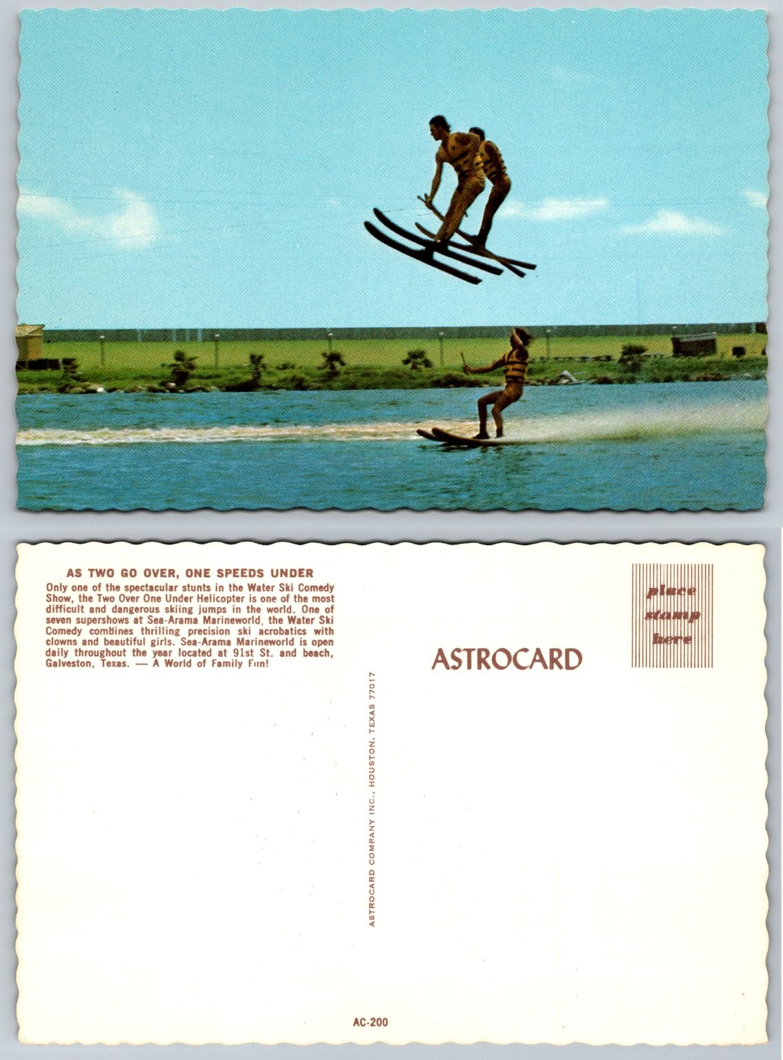 Vintage Postcard Sea-Arama Marineworld Galveston TX Water Ski Show Stunt