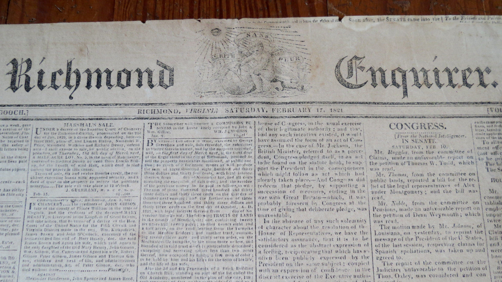 RICHMOND VIRGINIA ENQUIRER NEWSPAPER FEB. 17 1821 - MISSOURI COMPROMISE