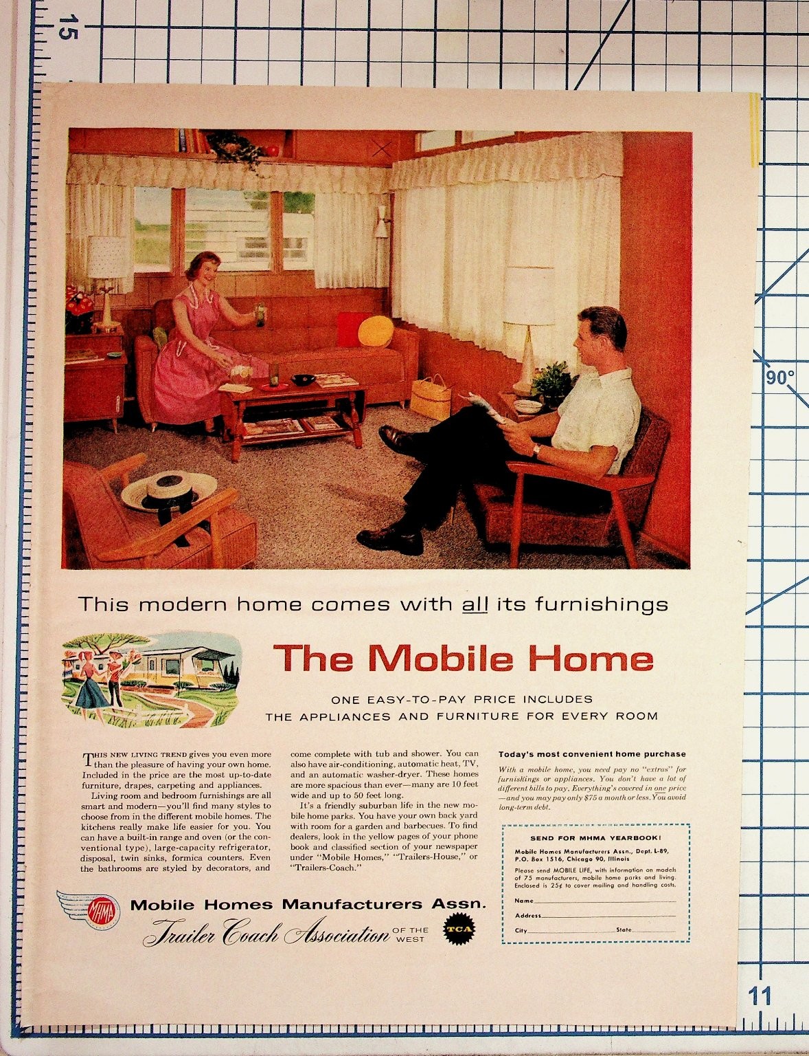 1950s Mobile Home Ad Mid-Century Modern Furnishings Trailer Coach Ephemera