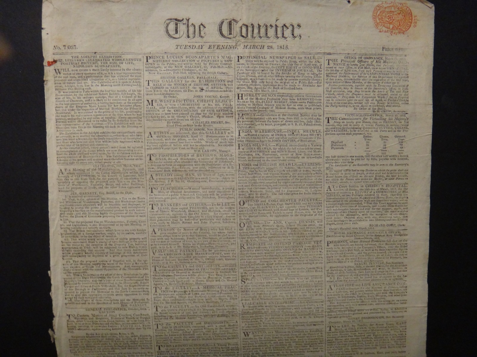 THE COURIER - NAPOLEON\'S ESCAPE FROM ELBA - MARCH 28, 1815