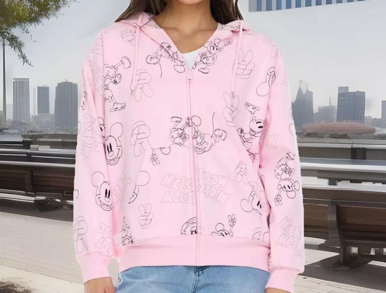 NWT Disney Mickey Mouse Womens Pink Embroidered Hoodie Jacket Size Medium Pink