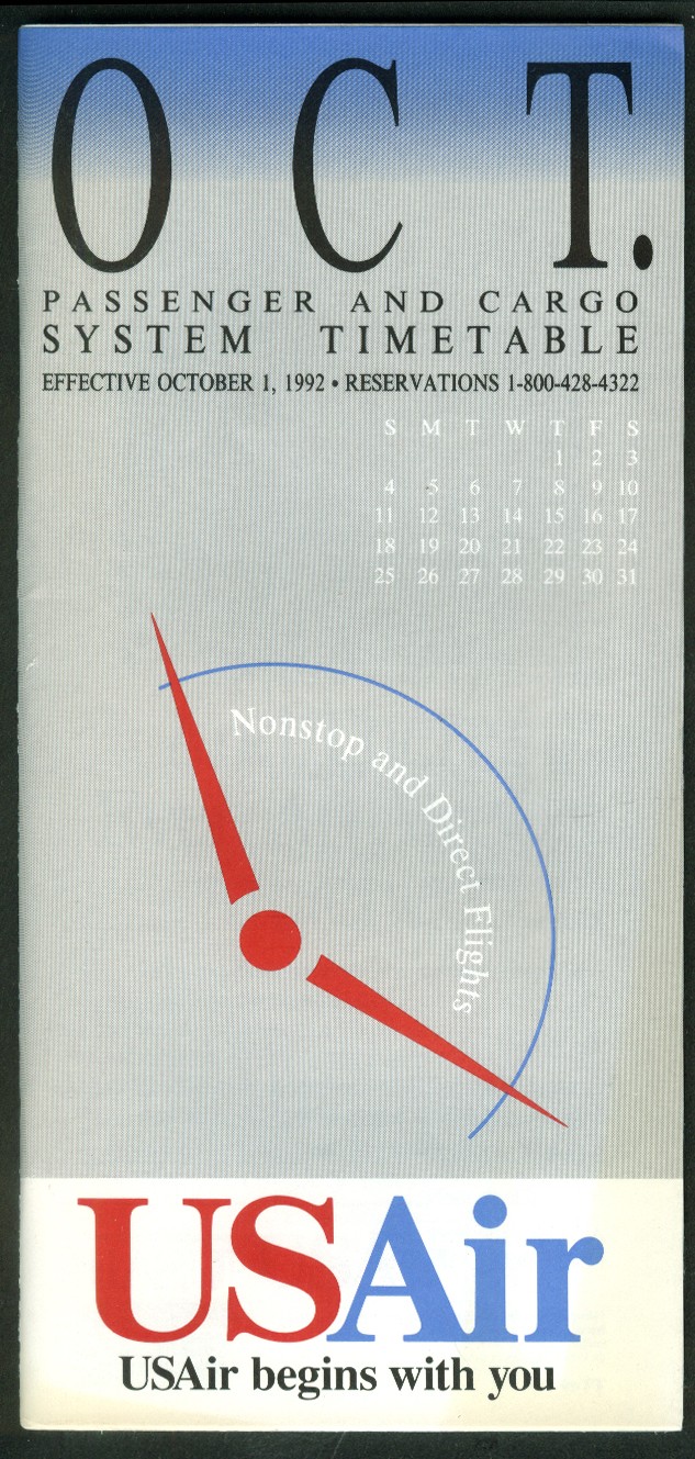 US Air Octomer System airline Timetable 10/1 1992