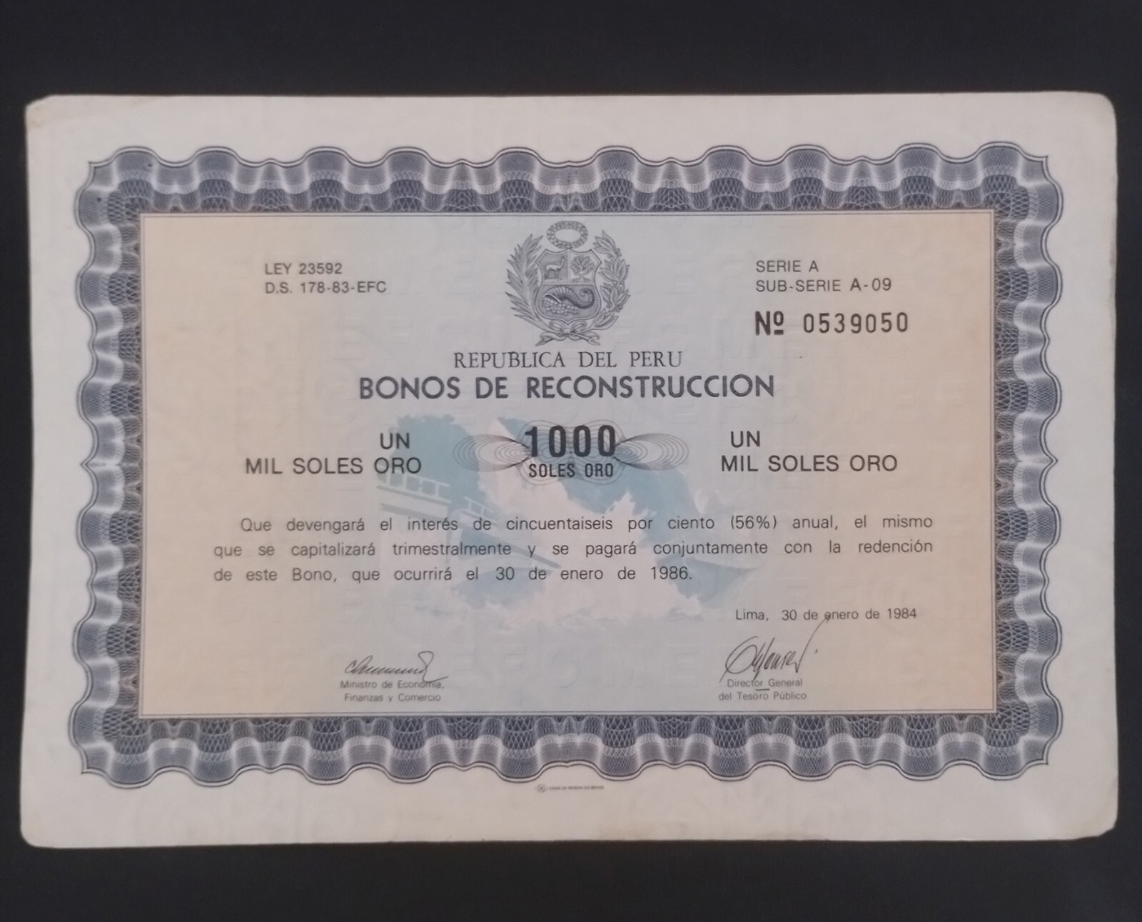 Bonds Republica del Peru - Bonos de Reconstruccion 1,000 Soles Oro (1984)