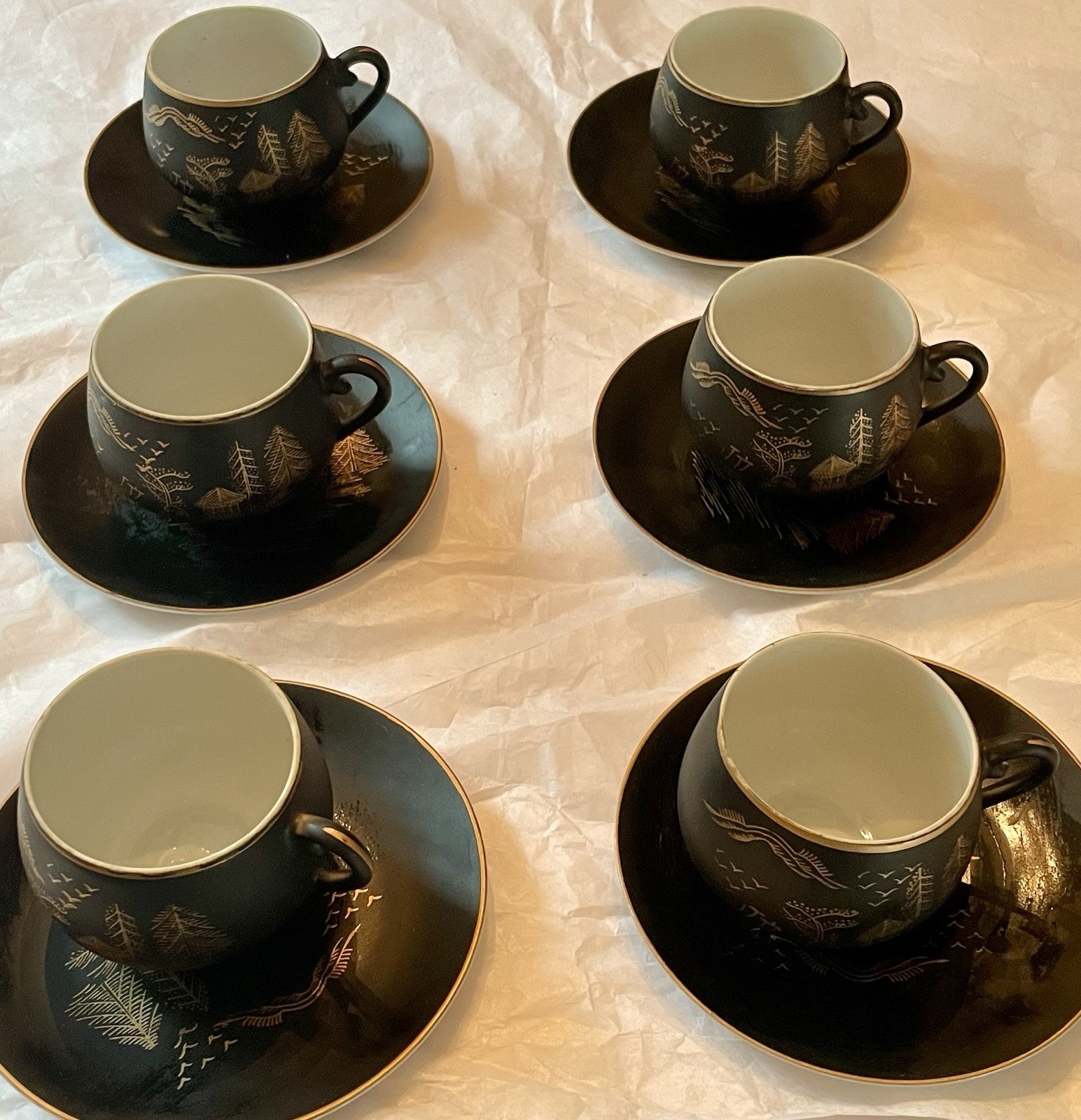 Kutani Lithophane Geisha Cup & Saucer Set Of 6  Blk  Matted 24k Gold Accents VTG
