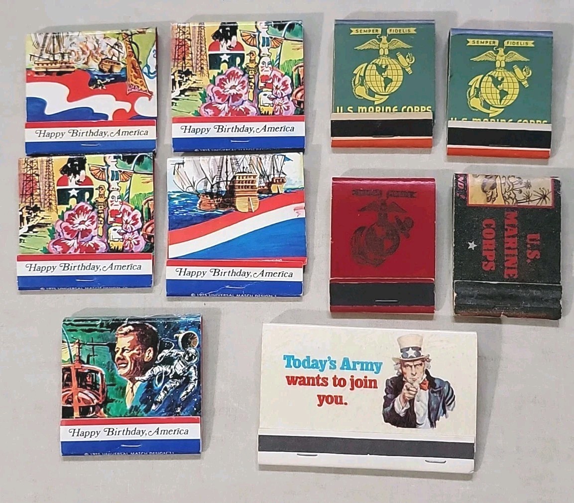 10 Vintage Matchbooks Army U.S. Marine Corps Patriotic Happy Bday America 