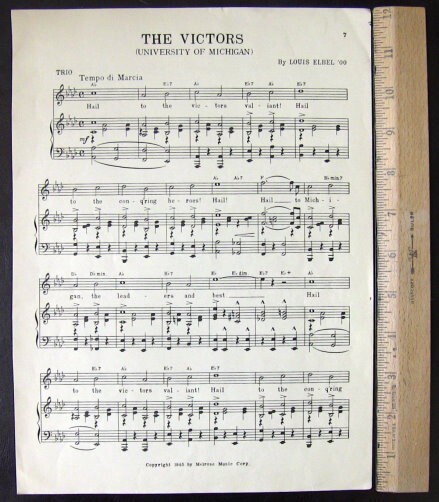 UNIVERSITY OF MICHIGAN Original Vintage Song Sheet c1945 