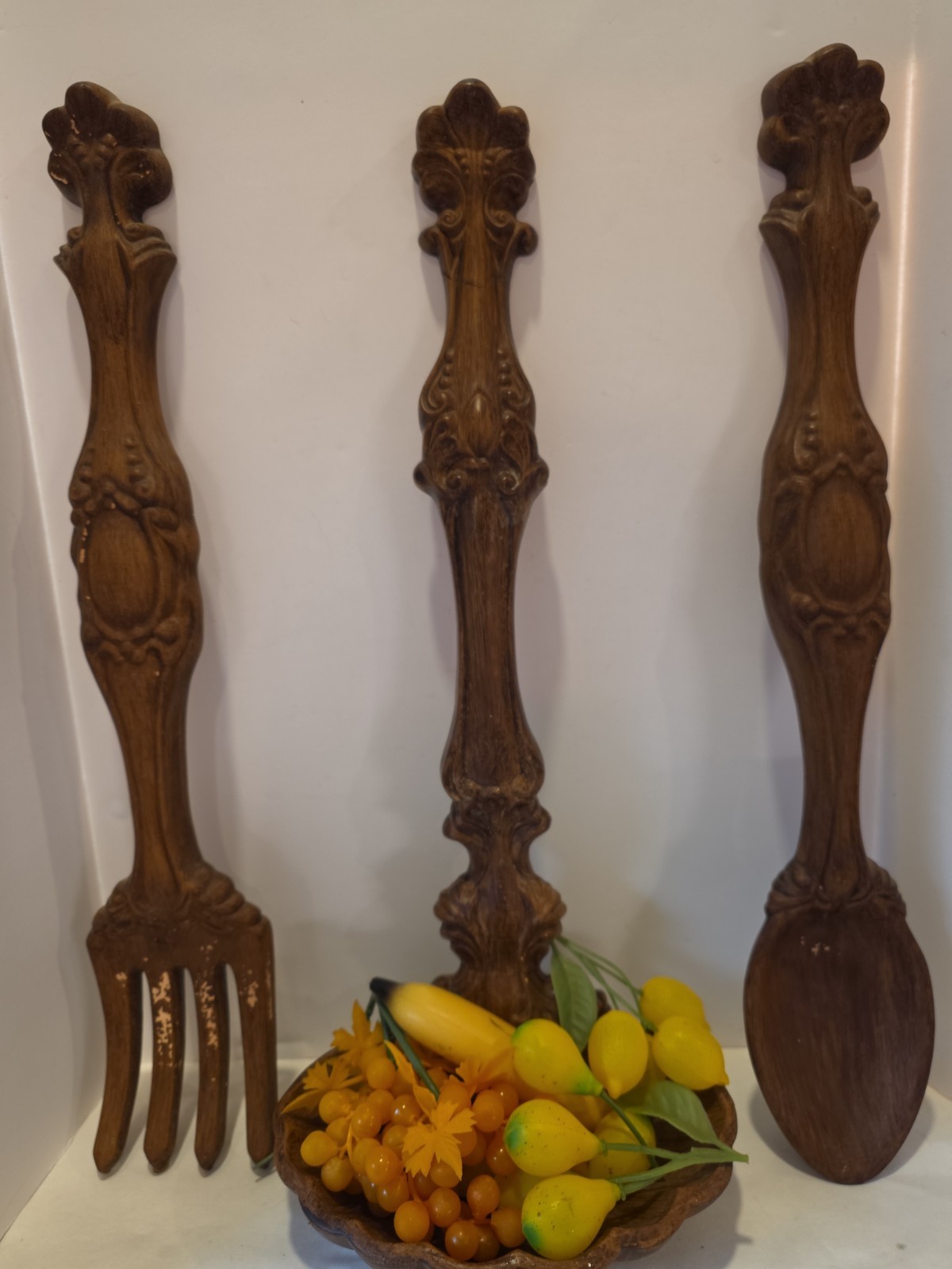VTG 1970s Ceramic Fork Ladle & Spoon Hanging Wall Decor Large Brown MCM 16 3/4\
