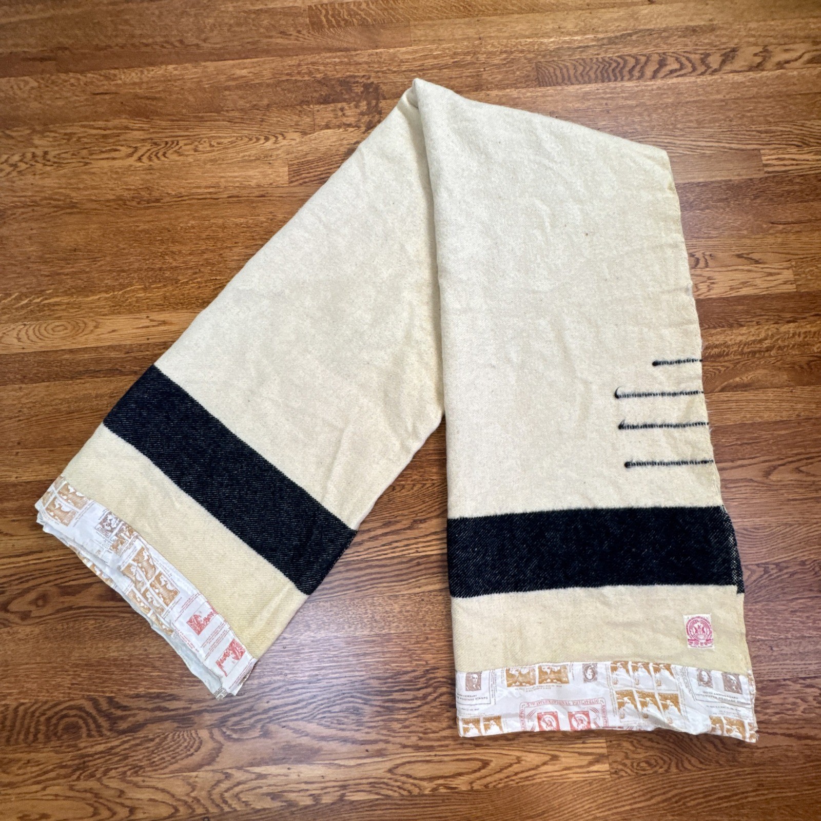 Vintage Hudson's Bay 3.5 Point Wool Blanket Cream Black Stripe Twin AS IS READ