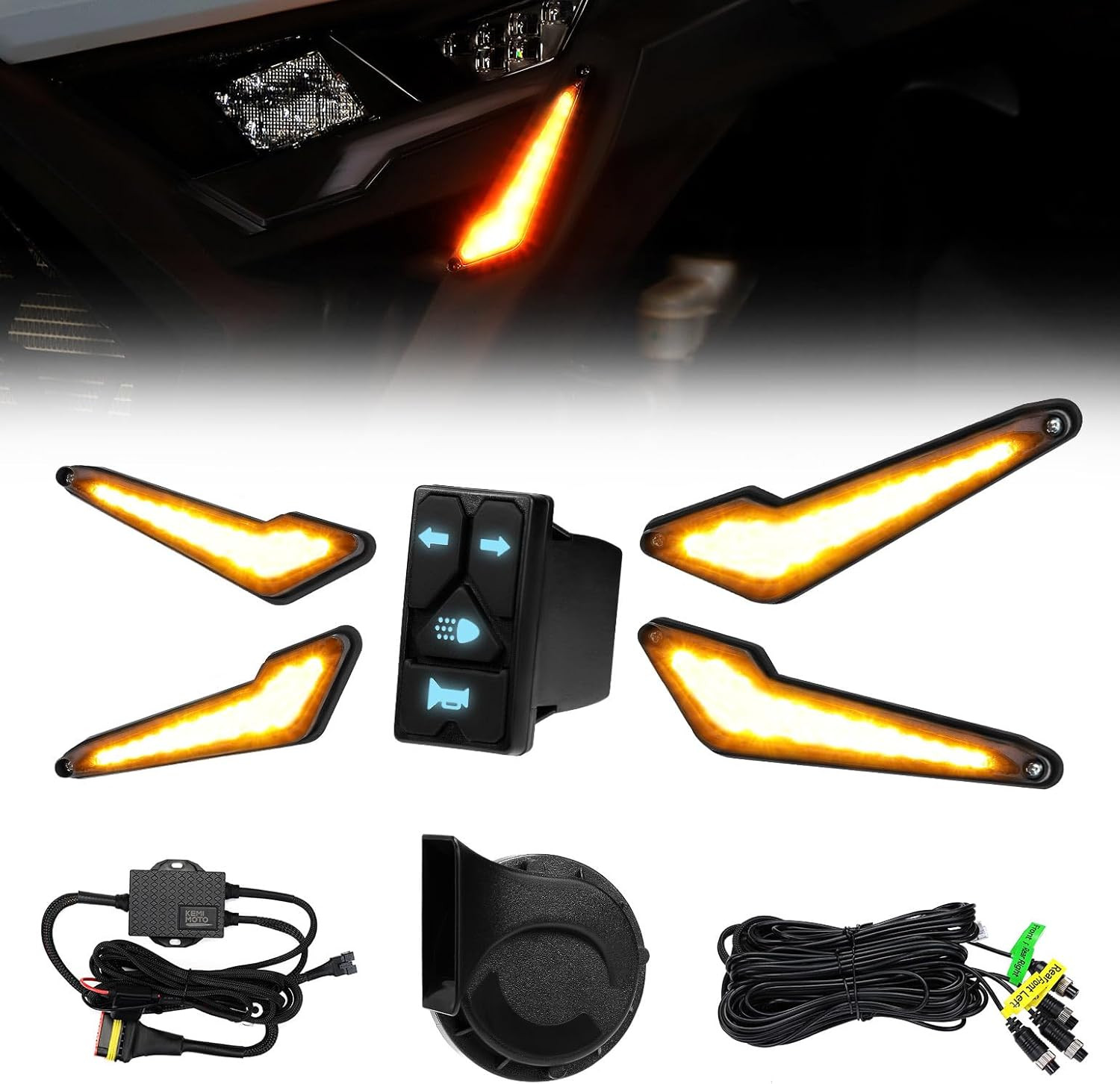 KEMIMOTO Triangle UTV Turn Signal Kit with Horn, and Integrated Switch, Pre-Wire