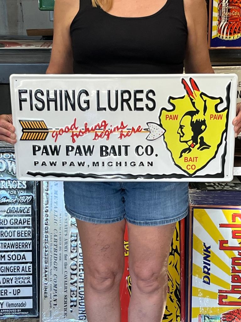 Antique Vintage Style Metal Sign Paw Paw Fishing Lures 24x12 Made in USA