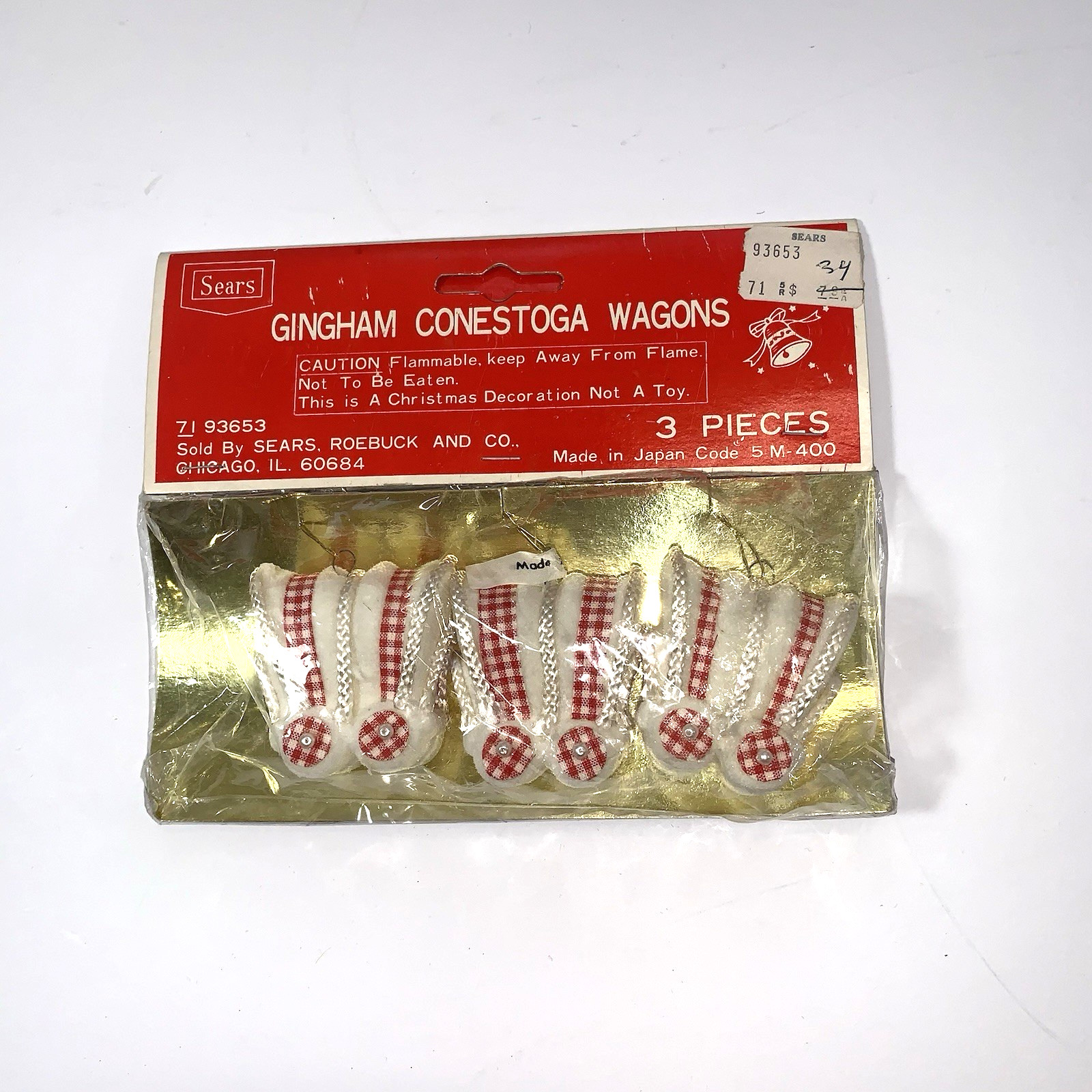 Vintage NIP Sears Roebuck Gingham Conestoga Wagons Ornaments Set 3