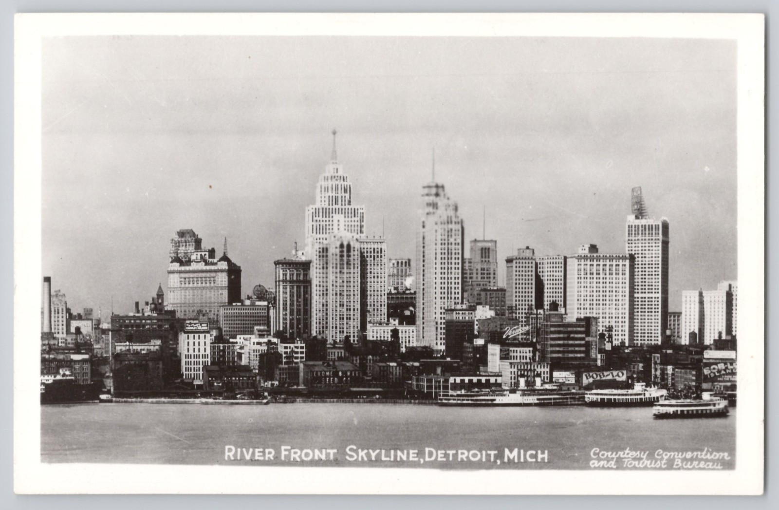 Detroit, Mich River Front Skyline, Downtown Art Deco Skyscrapers, view, RPPC