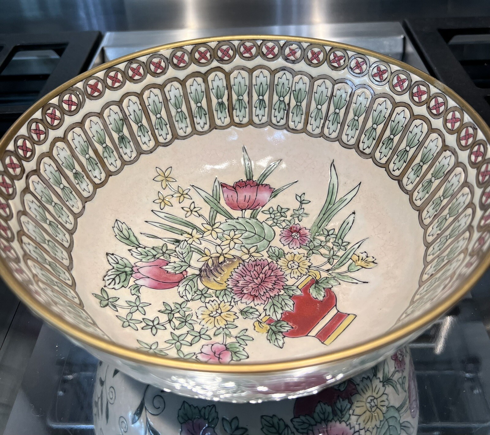 Vtg Chinese Lg Hand Painted Floral Design Decorative Bowl Heavy