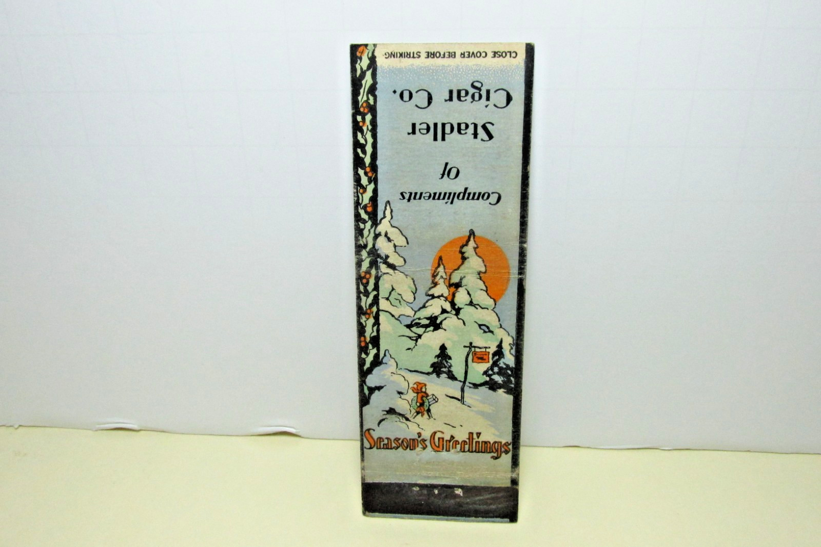Season\'s Greetings Stadler Cigar Co Vintage Christmas Holiday Matchbook Cover Ad