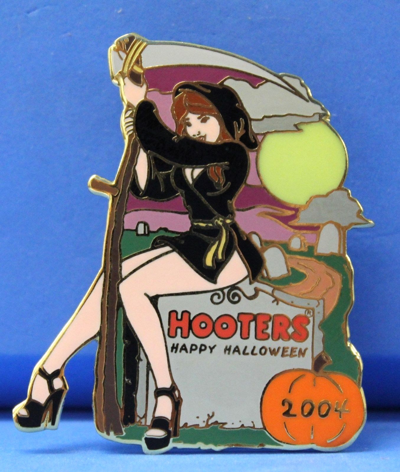 HOOTERS RESTAURANT COLLECTIBLE HAPPY HALLOWEEN GRIM REAPER WITCH GIRL LAPEL PIN