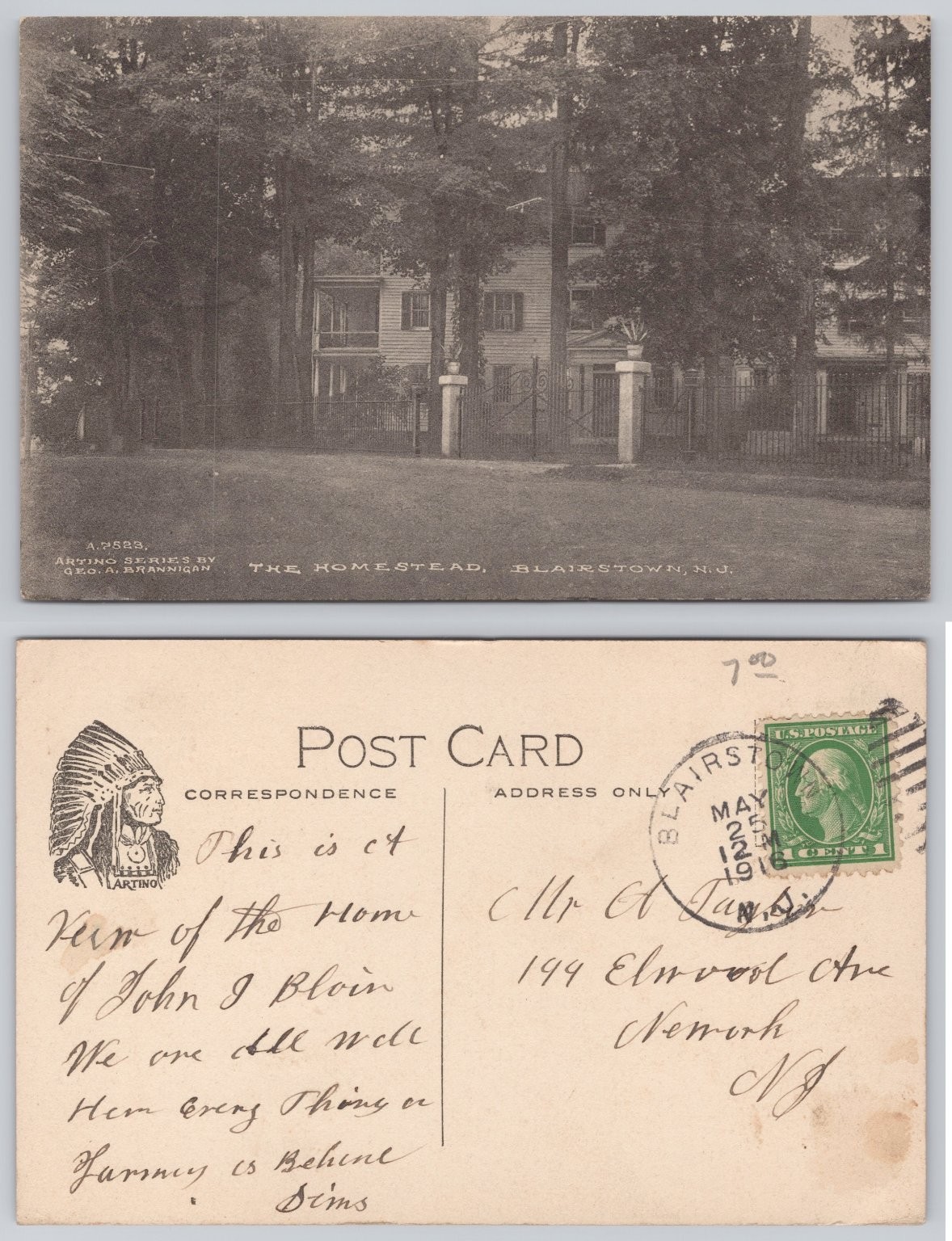 1911 The Homestead Blairstown NJ John I Blain House ARTINO Postcard
