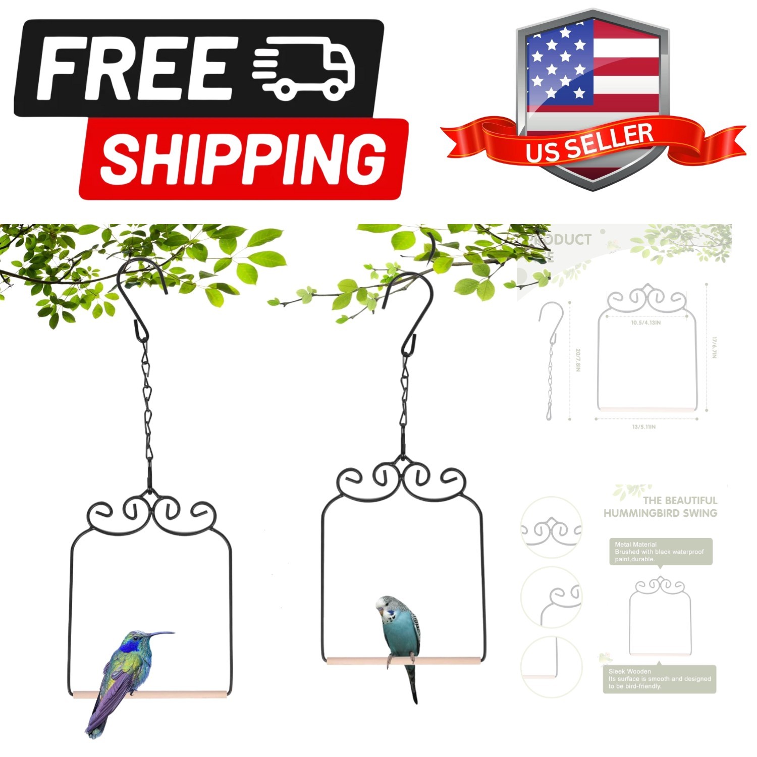 2PK Metal Frame and Perches with Wooden Dowel Black Bird Swing Outdoor Bird P...