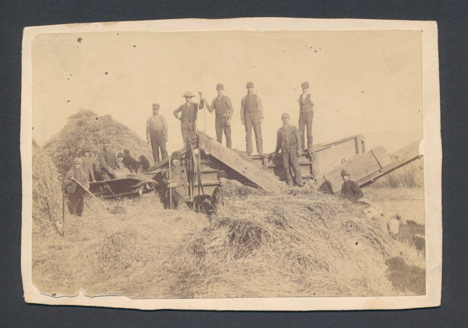 Antique Mounted Photo c1900 Farm Threshing Crew with Thresher Machine READ