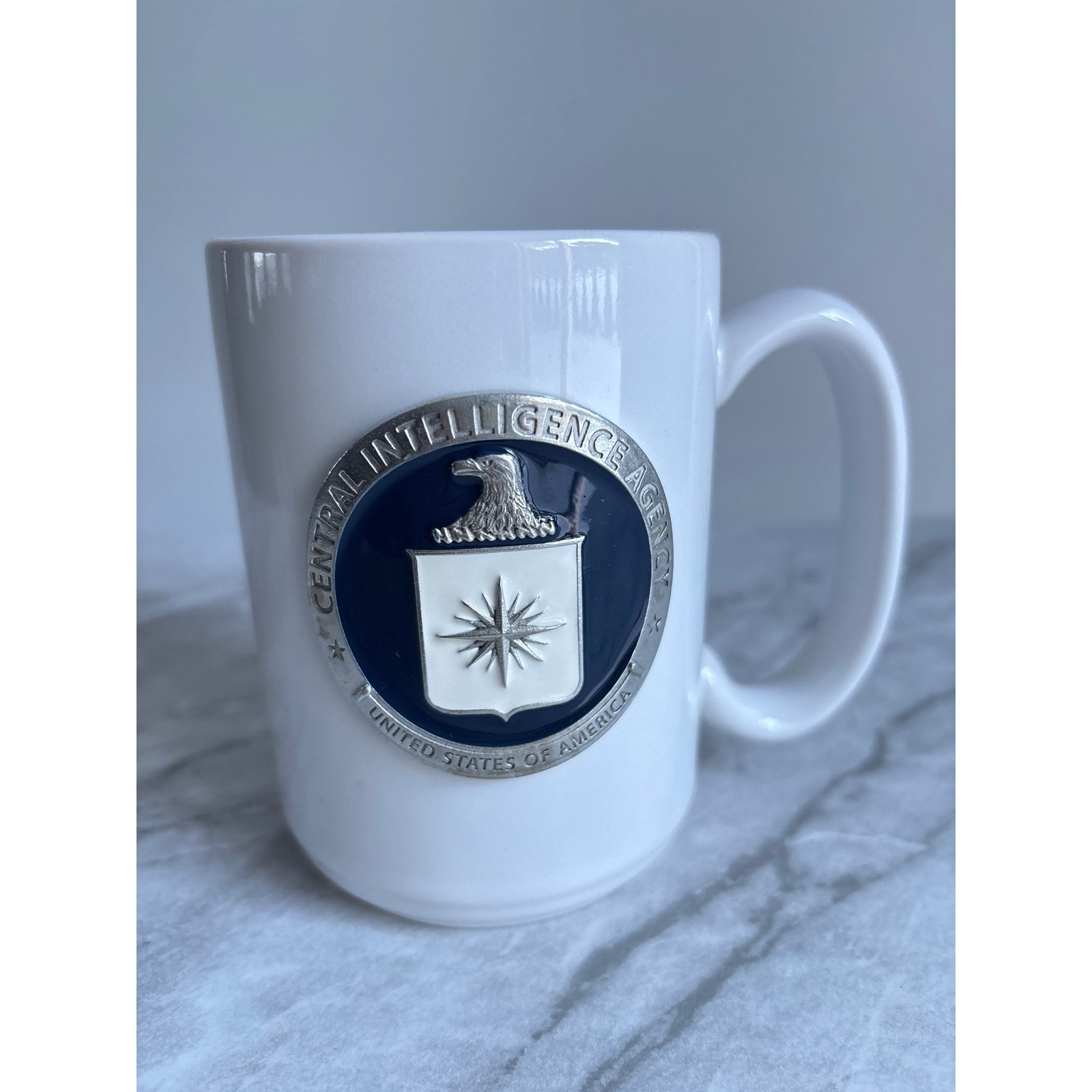 CIA Coffee Mug Central Intelligence Agency Pewter Medallion White Ceramic USA