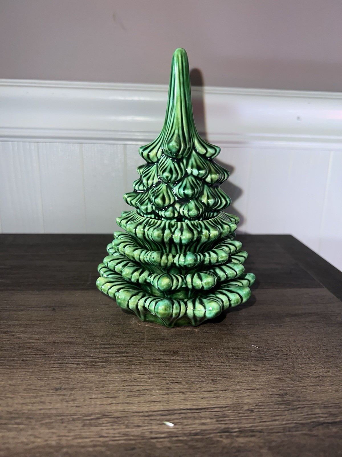 Vintage 1969 Stacking Ceramic Christmas Tree Lighter and Ashtray Set MCM Japan