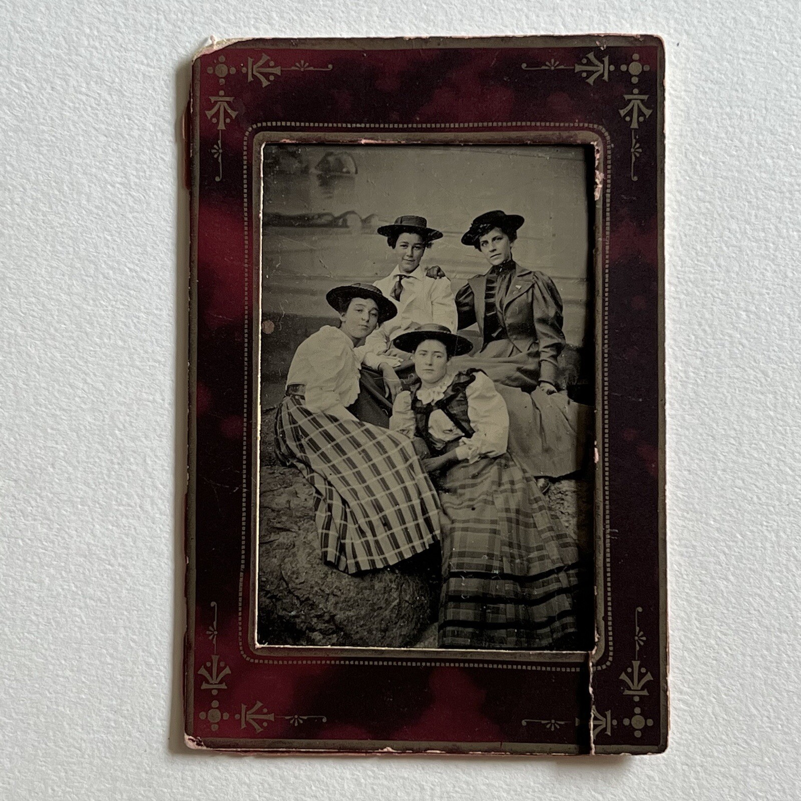 Antique Tintype Group Photograph Beautiful Affectionate Young Women Rocks Lake