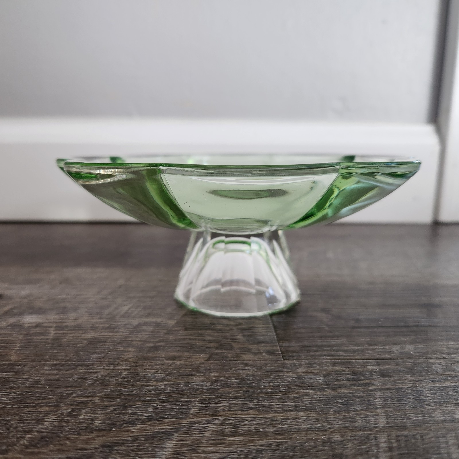 Green Crystal Pedestal Bowl Trinket Tray Simon Designs Compote Jewelry Dish MCM