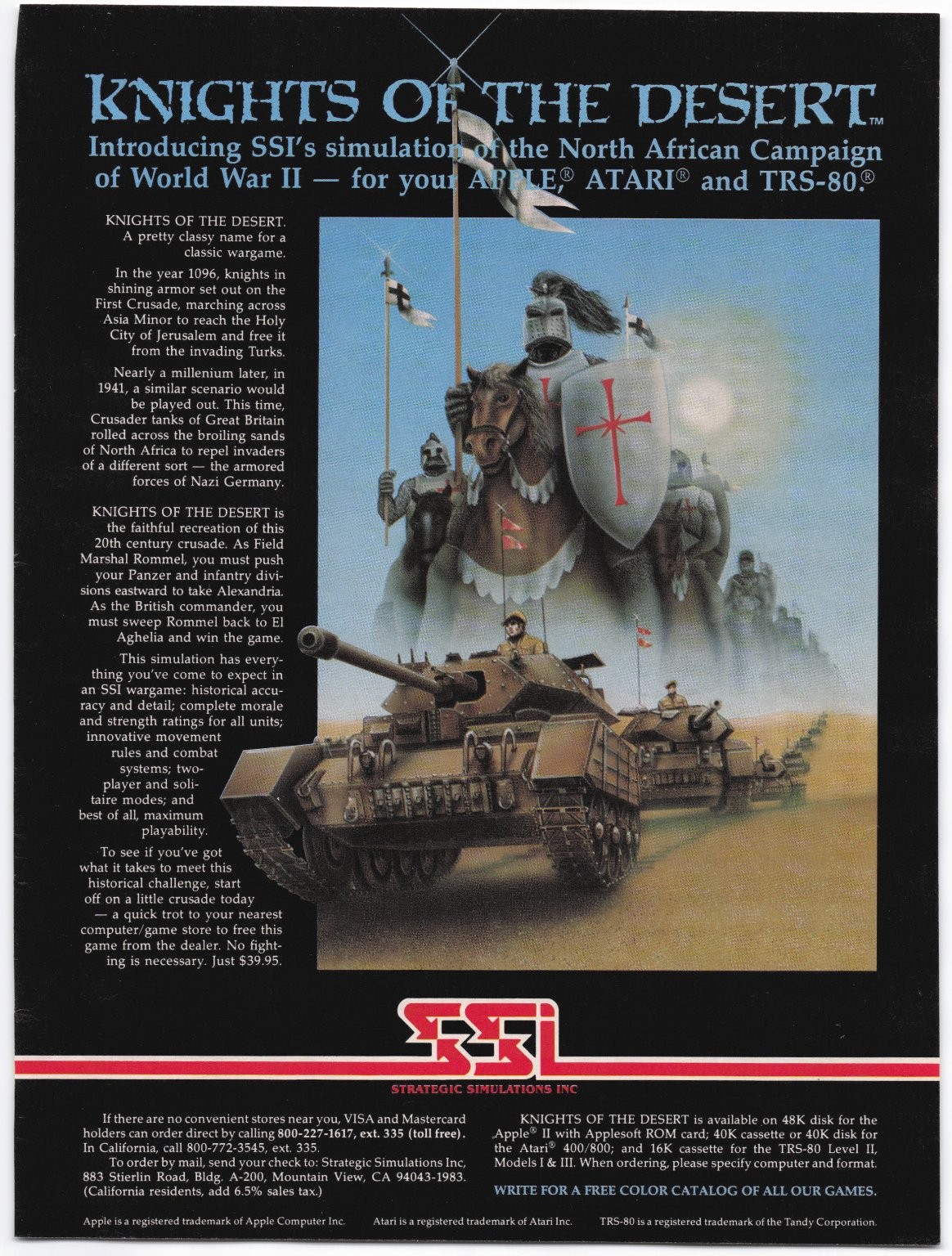 SSI Knights of the Desert Video Game Magazine Ad 1983 Apple Atari TRS-80 Wargame