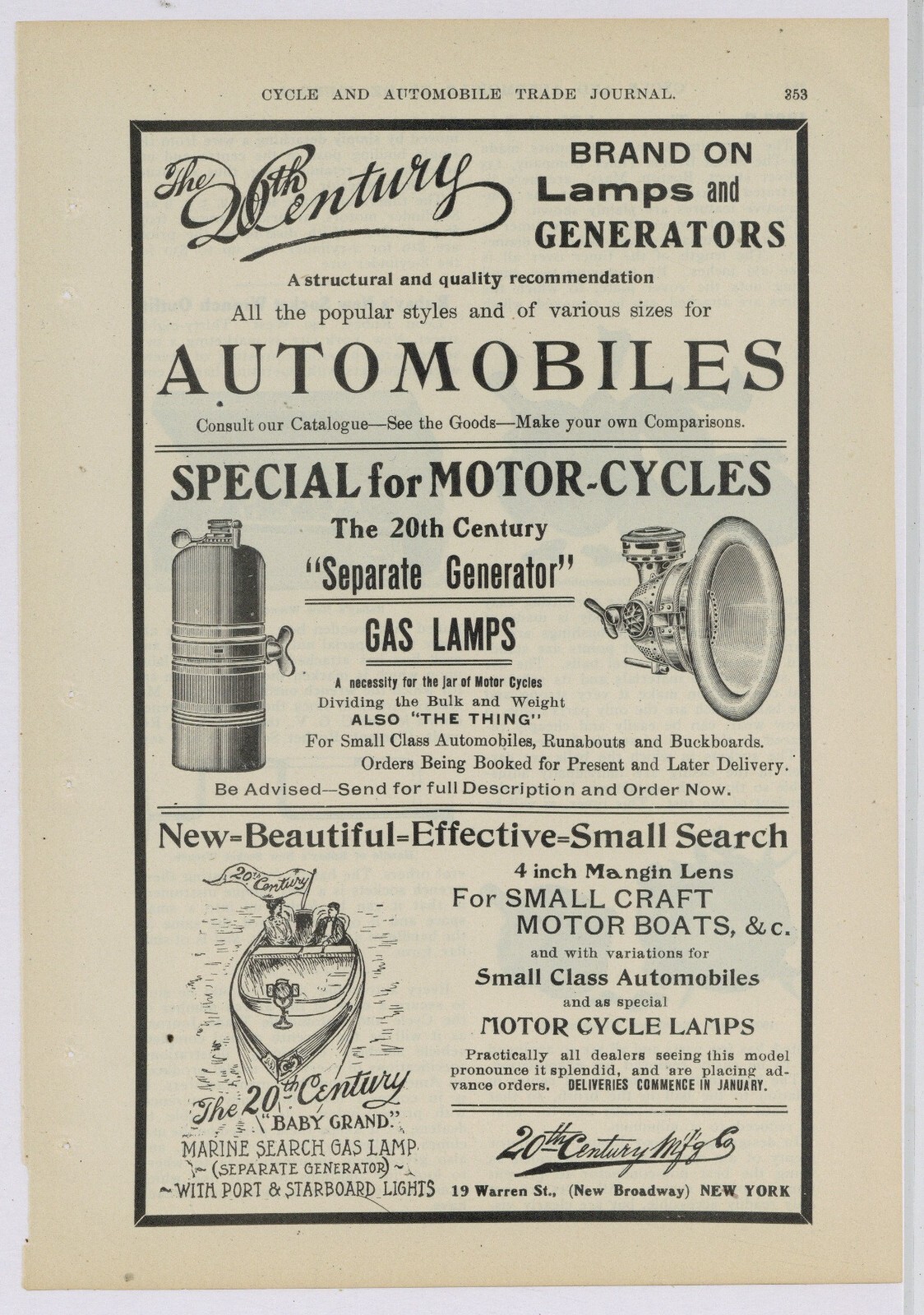 1907 20th Century Manufacturing Co. Ad: Lamps & Generators for Autos - New York