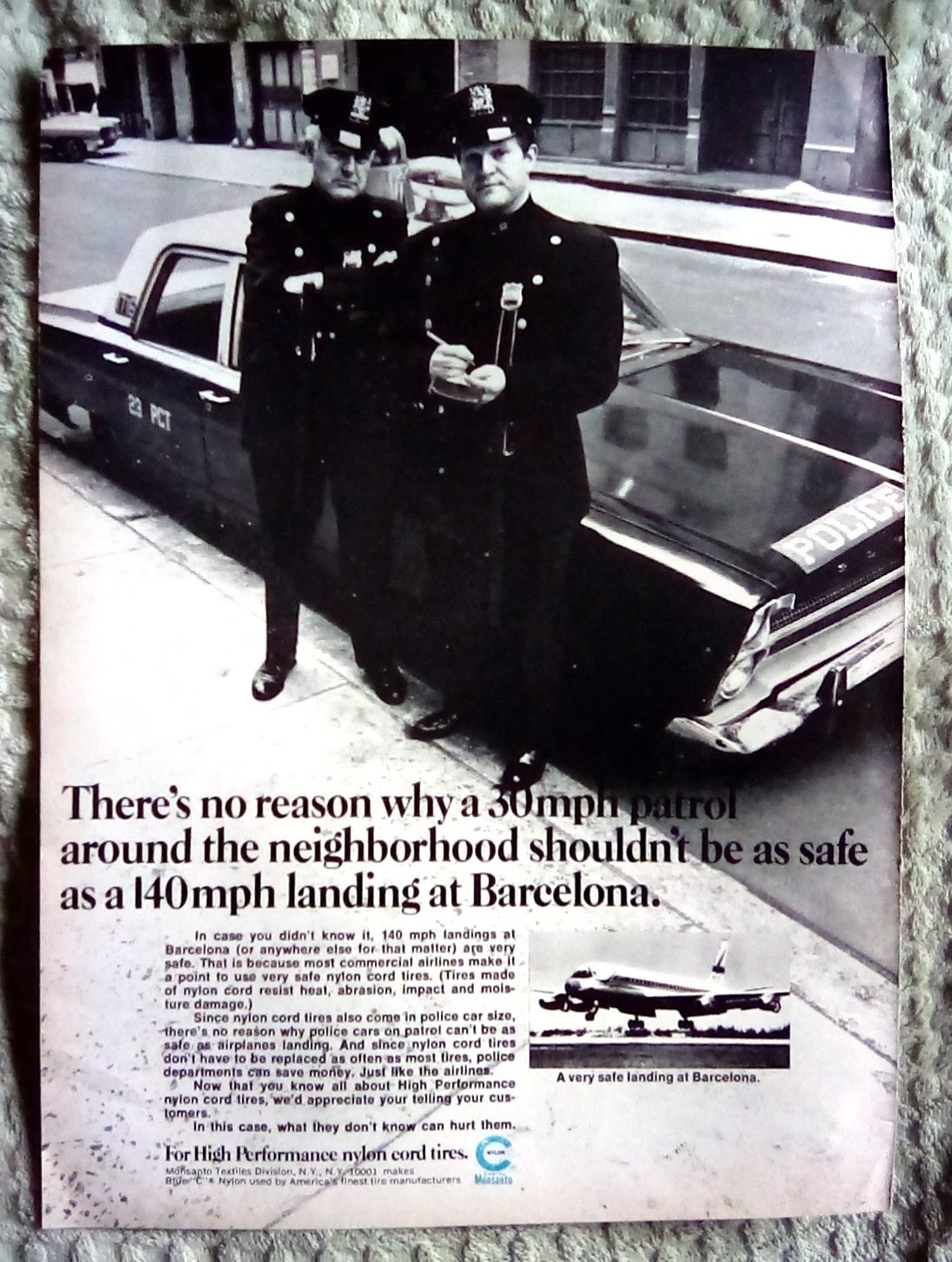 1969 Monsanto Tires 1966 Plymouth Sport Fury (I think) Barcelona Print Ad