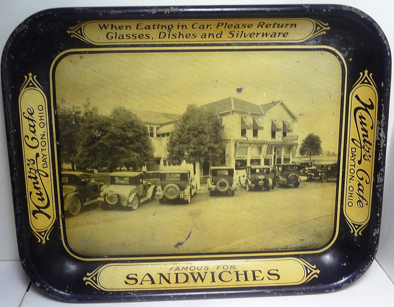 HTF c1920\'s KUNTZ\'S CAFE - DAYTON OHIO serving AUTO SANDWICHES TRAY - NICE FIND
