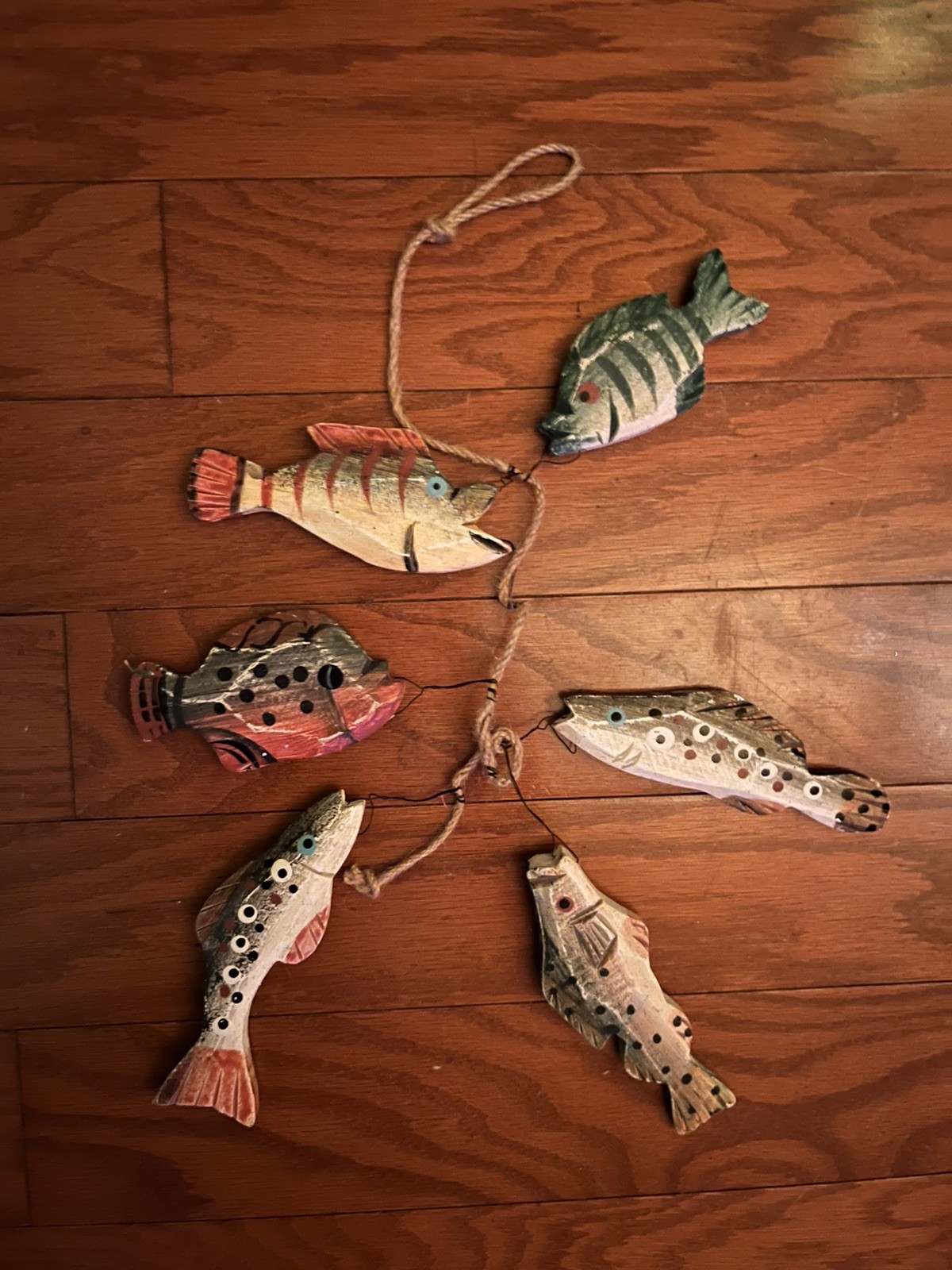 Vintage rustic string of hand carved wooden fish set of 6 tied on twine AA2532