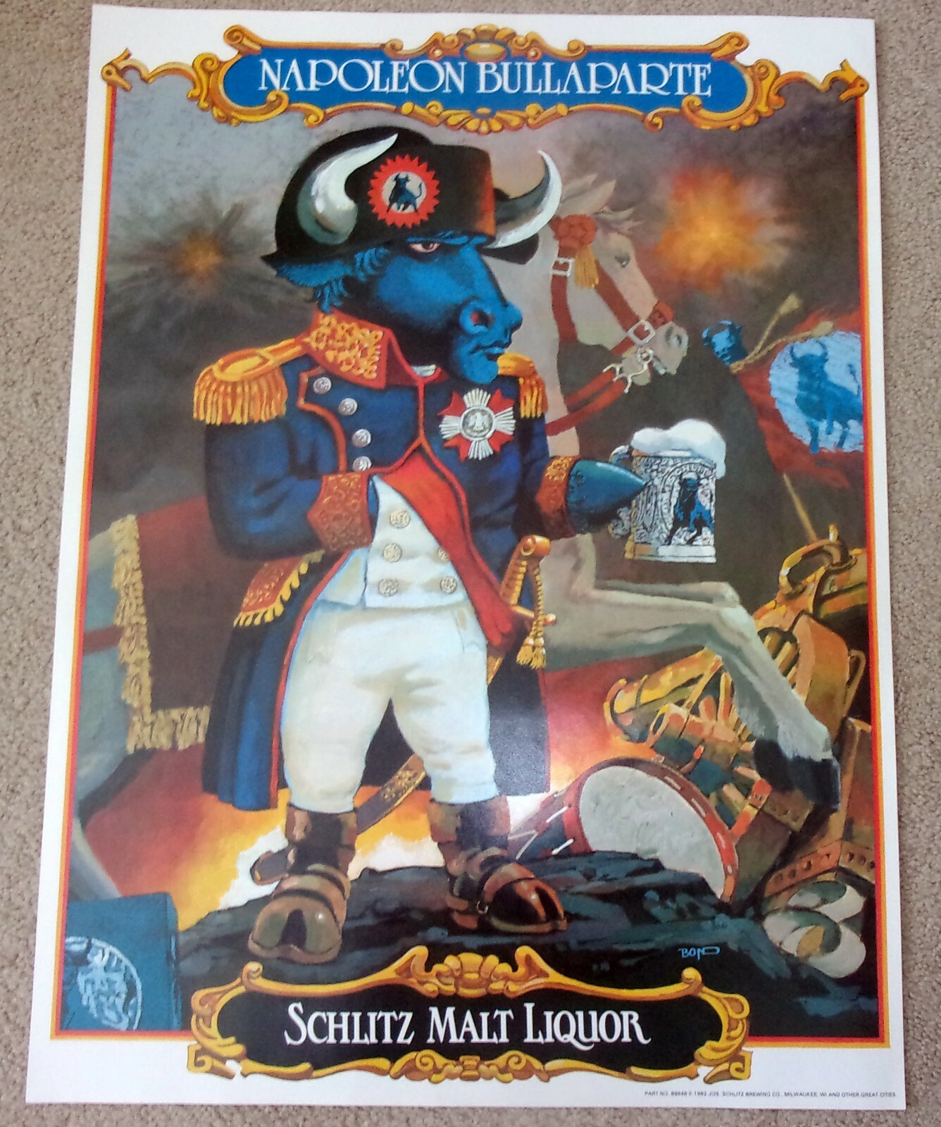 SCHLITZ MALT LIQUOR BEER 1982 NAPOLEAN BULLAPARTE BULL POSTER MAN CAVE NEW 18X24