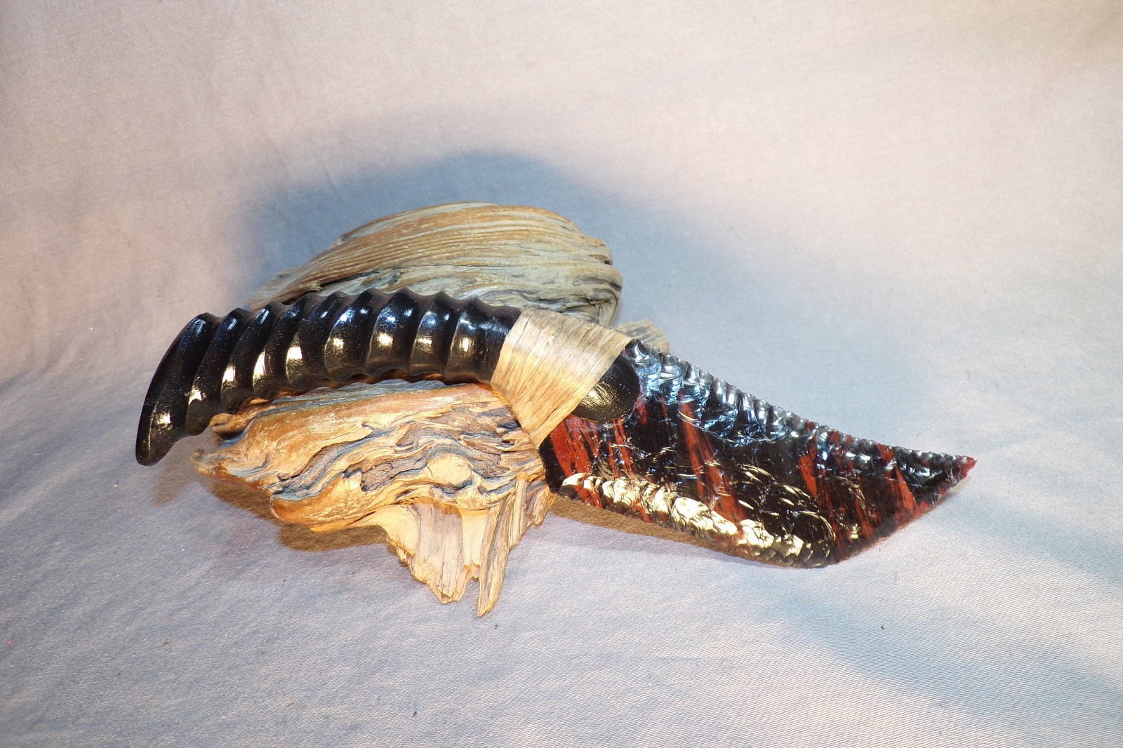 Small Triple Flow Obsidian Skinning Knife Carved African Antler Handle Knapping