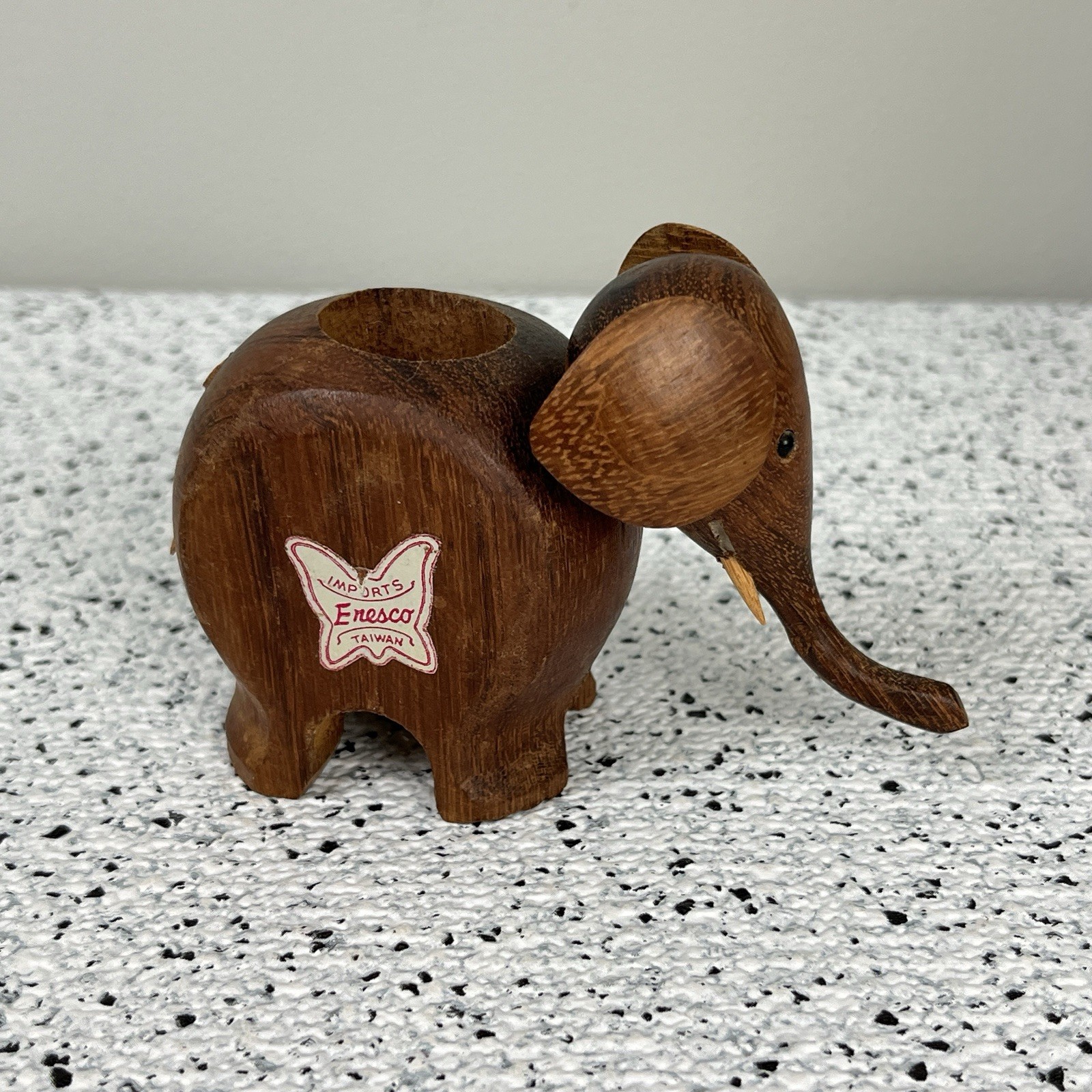 Enesco Wooden Elephant Figurine Toothpick Holder Vintage MCM Danish Teak