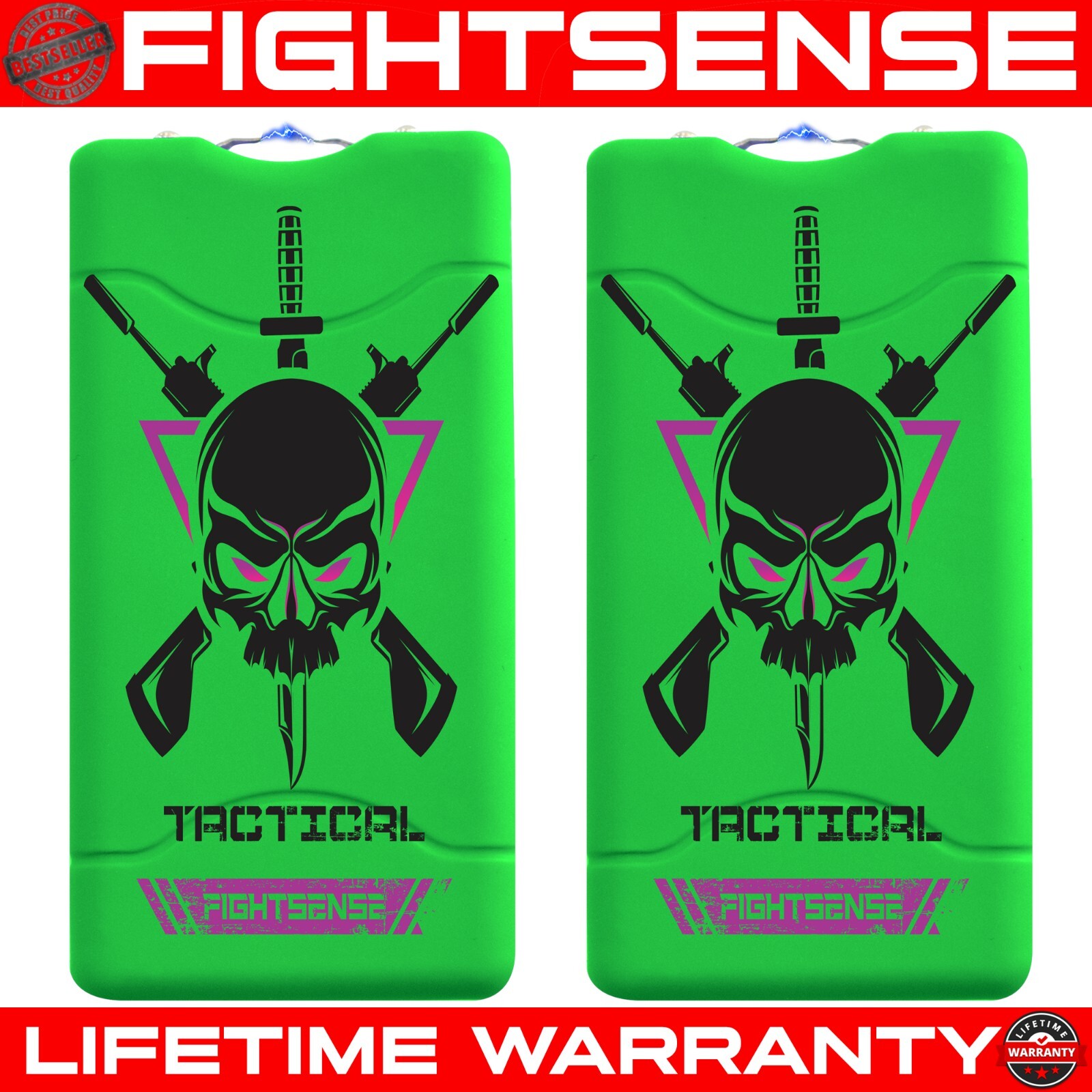 Fightsense 2 Pc Heavy Duty Stun Gun 10 BV Rechargeable LED Flashlight Green